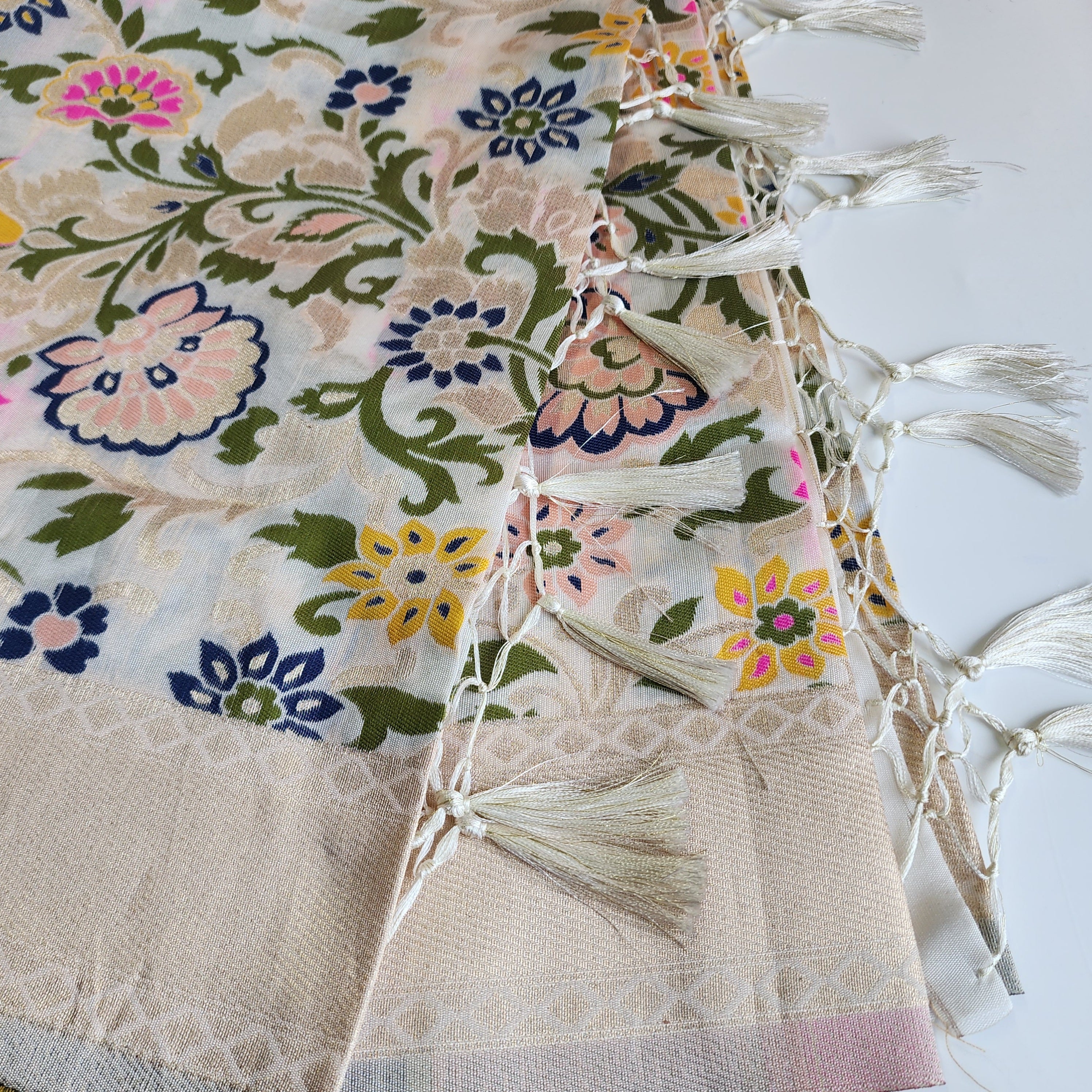 Banarasi Silk Off-White Dupatta with Multicolor & Gold Floral Handweaving