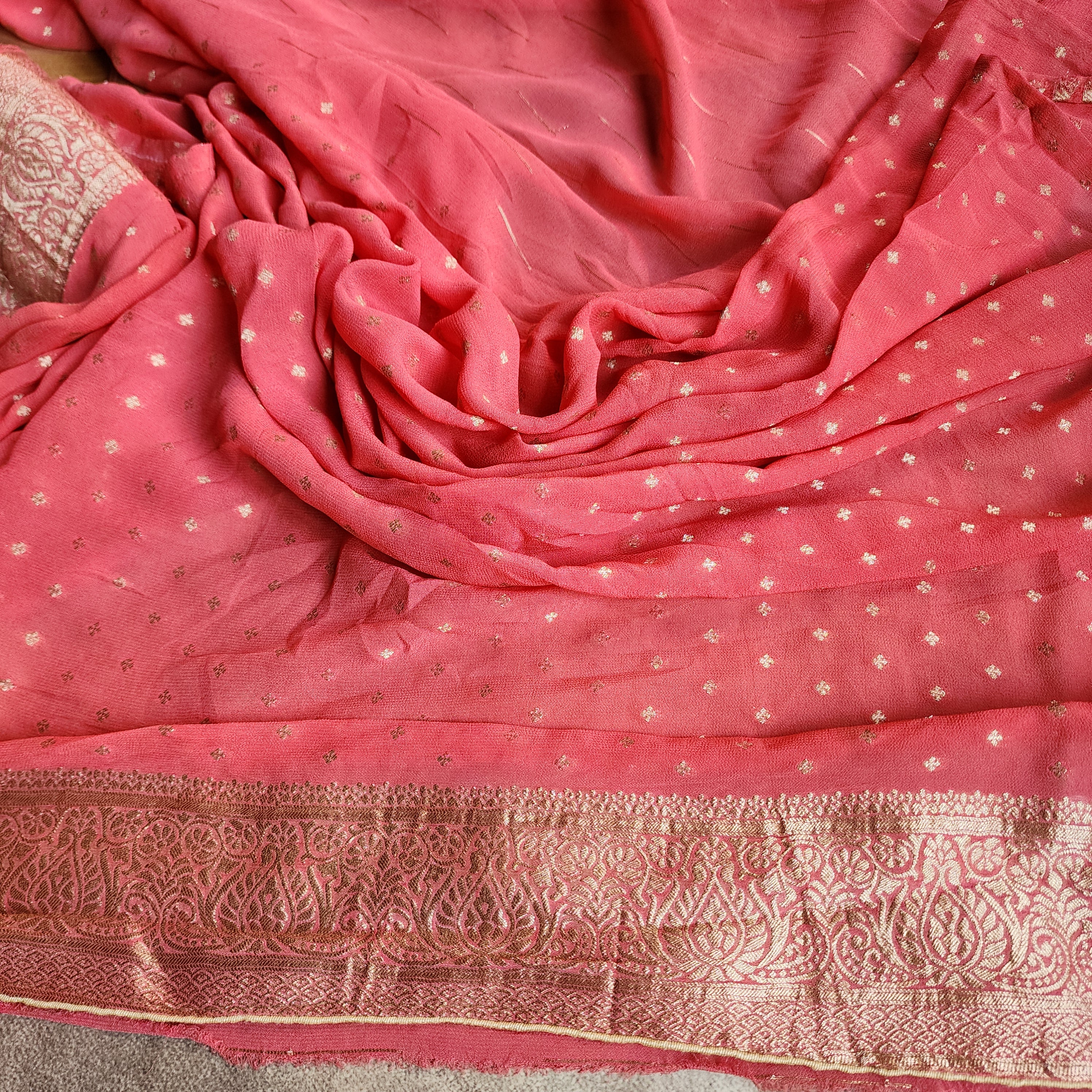 Peach Khaddi Georgette Pure Banarasi Saree with Golden Zari