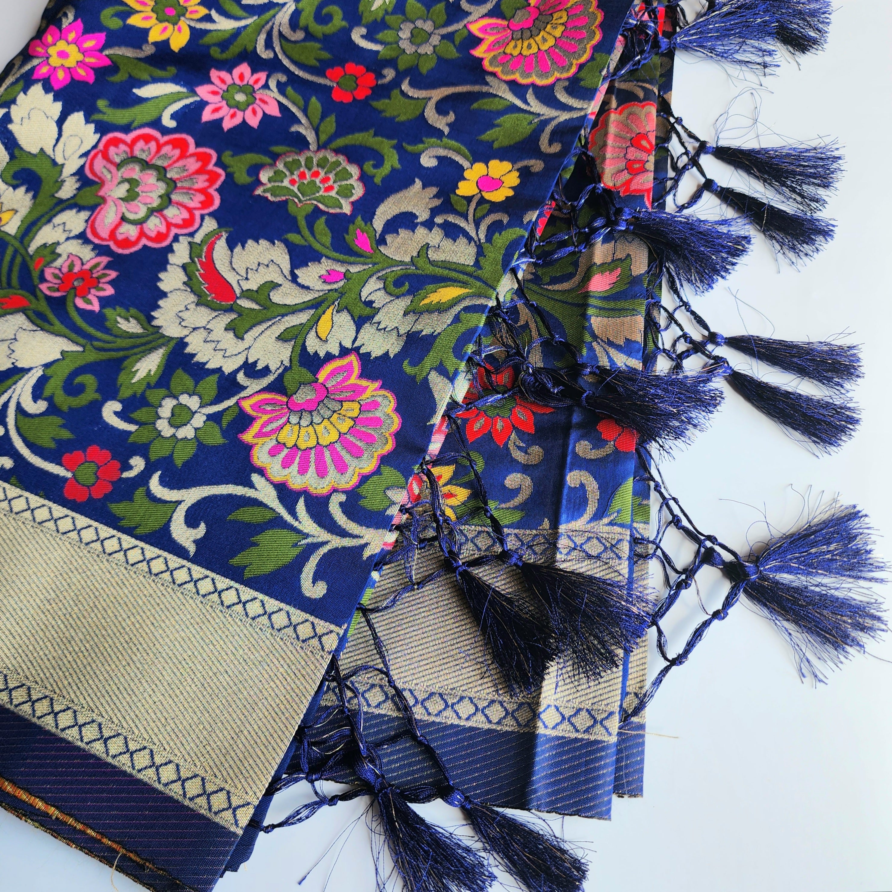 Banarasi Silk Navy Blue Dupatta with Multicolor & Gold Floral Handweaving