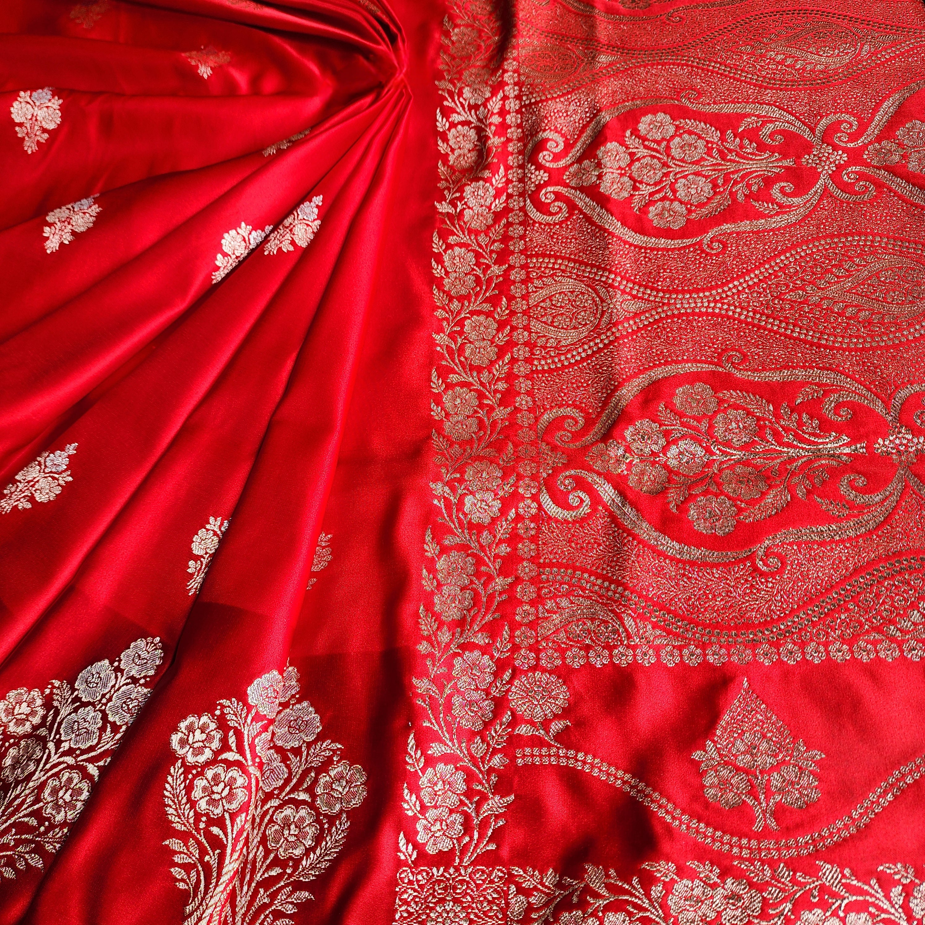 Dual-Tone Bright Red Pure Banarasi Katan Silk Saree