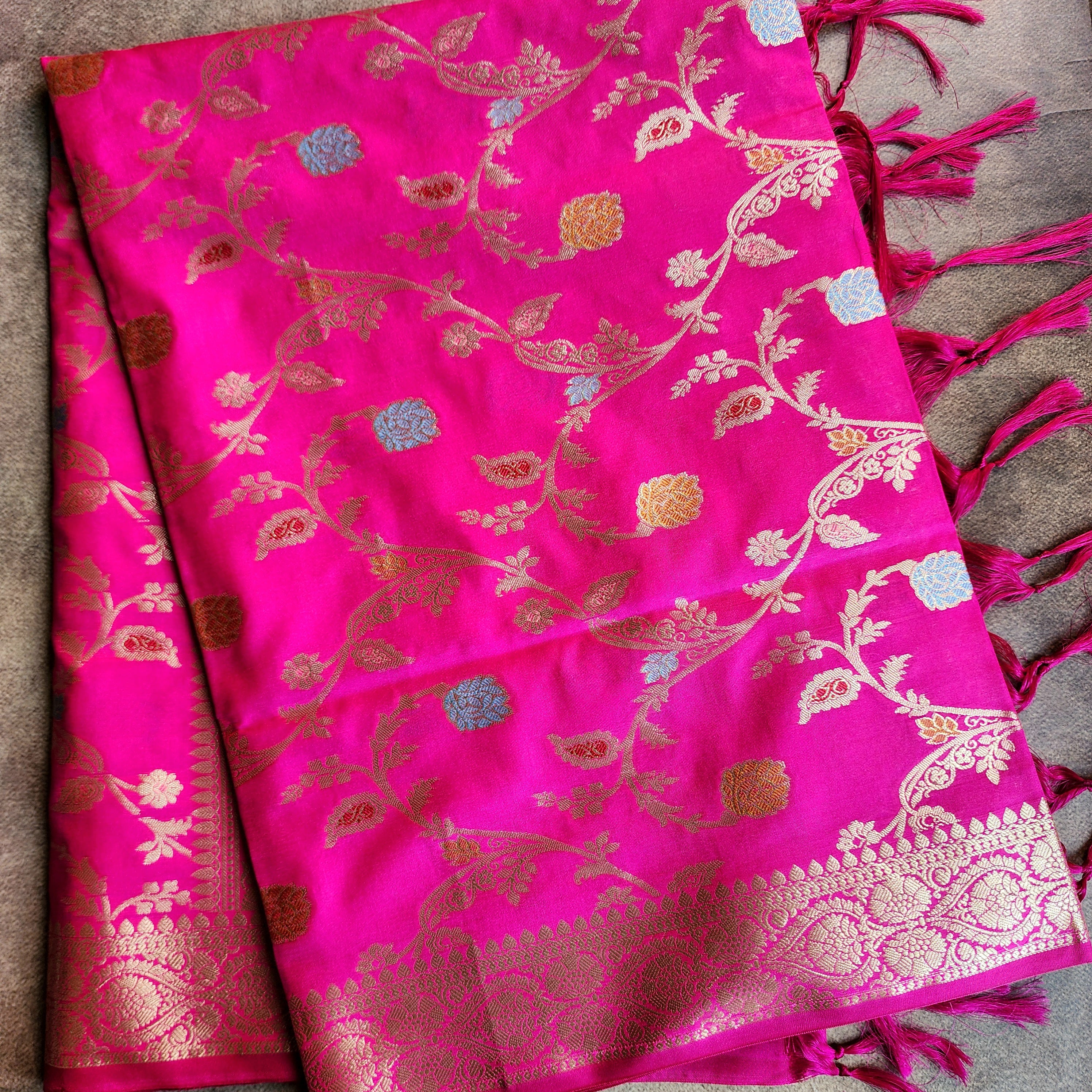 Hot Pink Banarasi Silk Dupatta with Gold Zari Border & Multicolor Meenakari Work