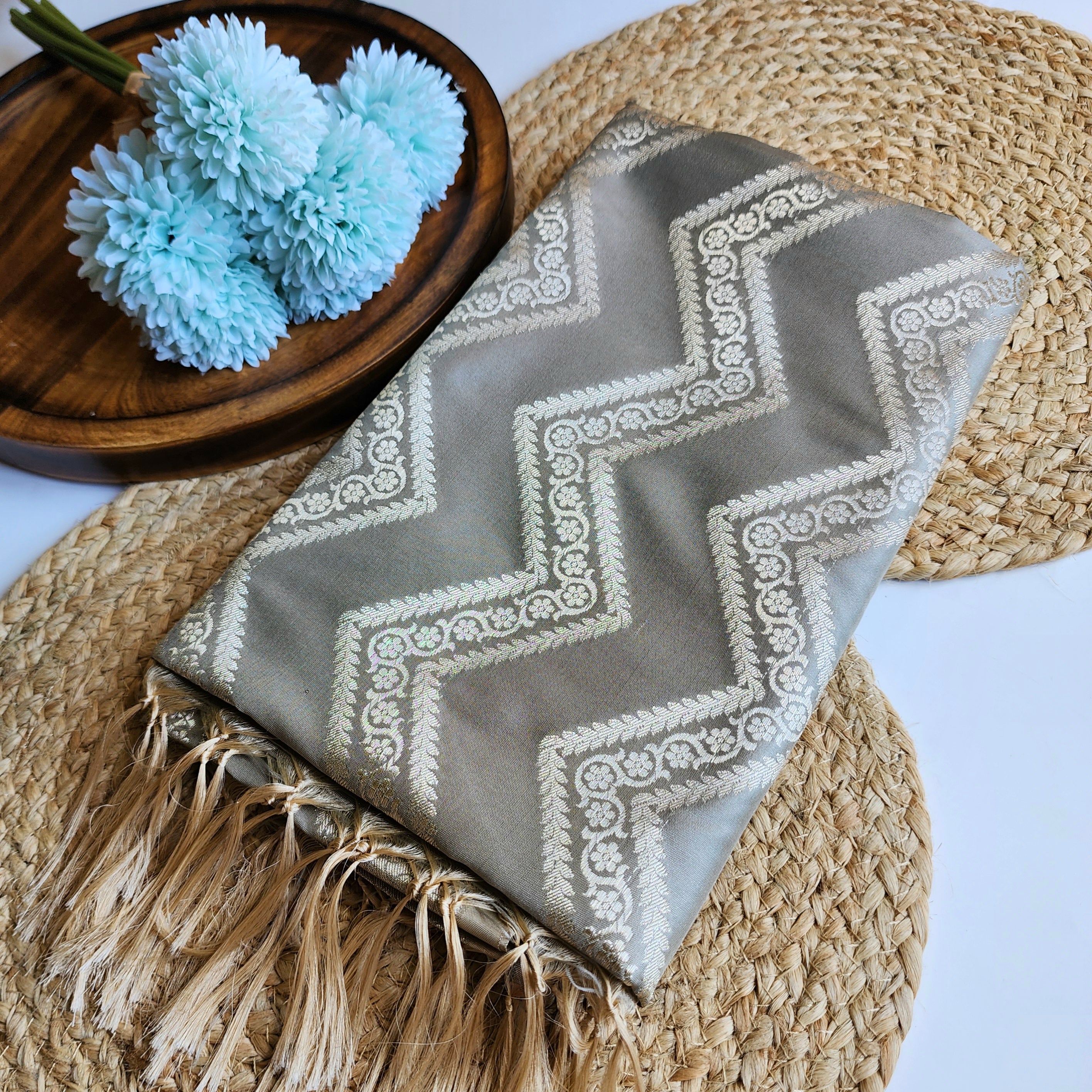 Dove Grey Banarasi Dupatta with Golden Zigzag Pattern