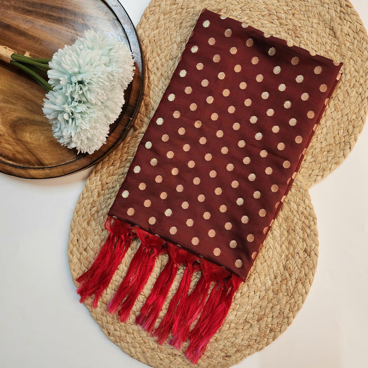 Burgundy Banarasi Silk Dupatta with Gold Polka Dot