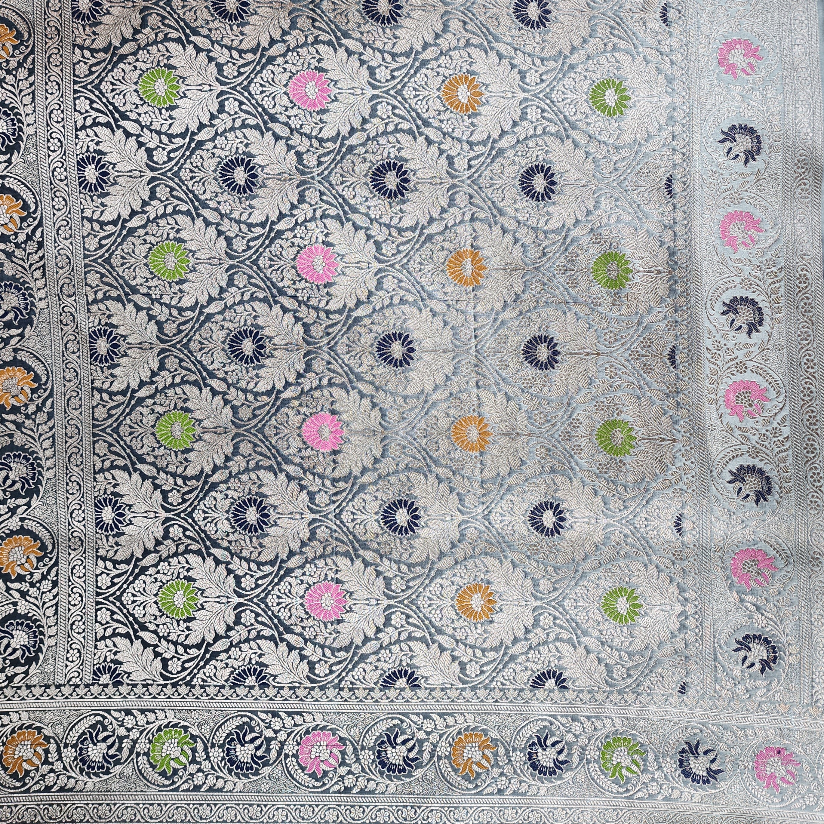 Enriched Dusky Blue Banarasi Katan Silk Saree with Multicolor Meenakari Floral Jaal