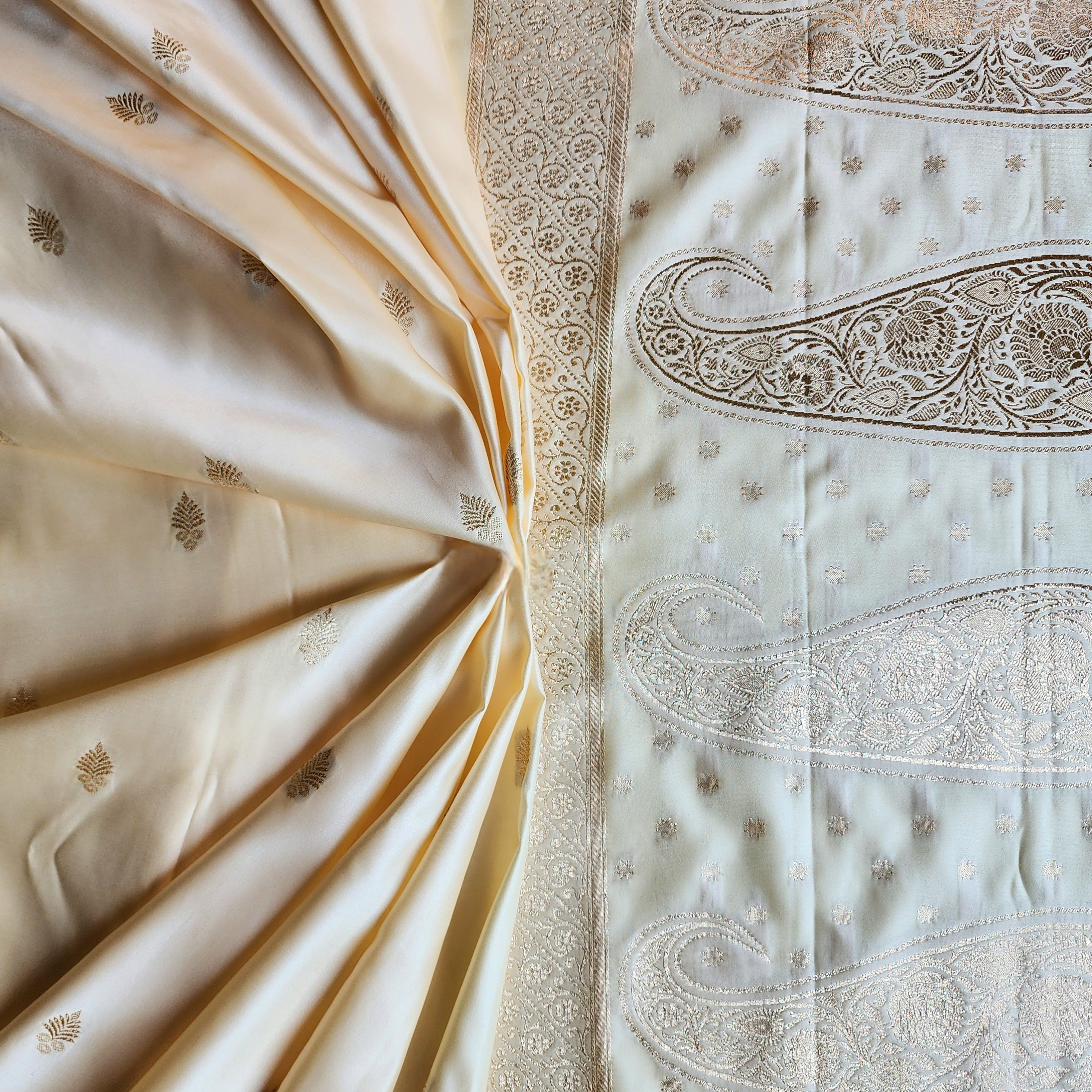 White Katan Silk Saree with Green and Gold Zari Border