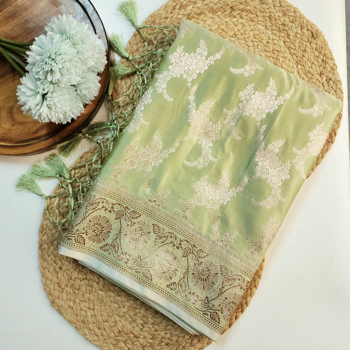Olive Green Banarasi Katan Silk Saree with Floral Vine Jaal