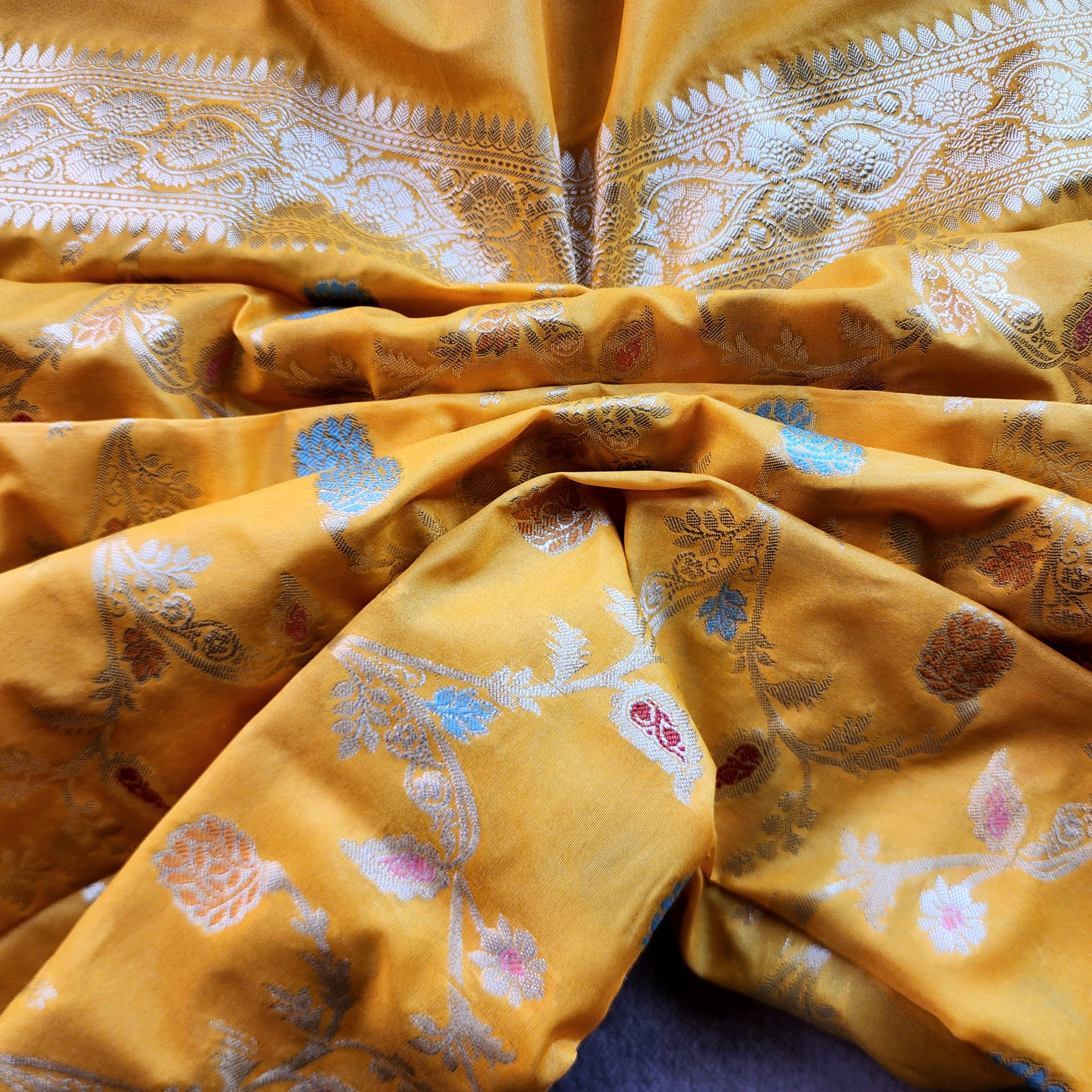 Mustard Yellow Banarasi Silk Dupatta with Gold Zari Border & Multicolor Meenakari Work