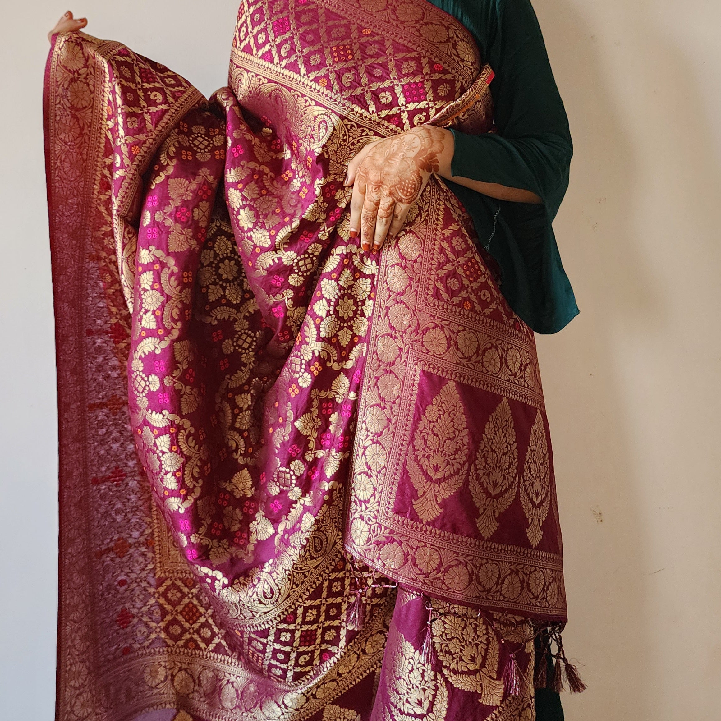 Deep Plum Bandhani Dupatta with Floral and Geometric Zari Weave