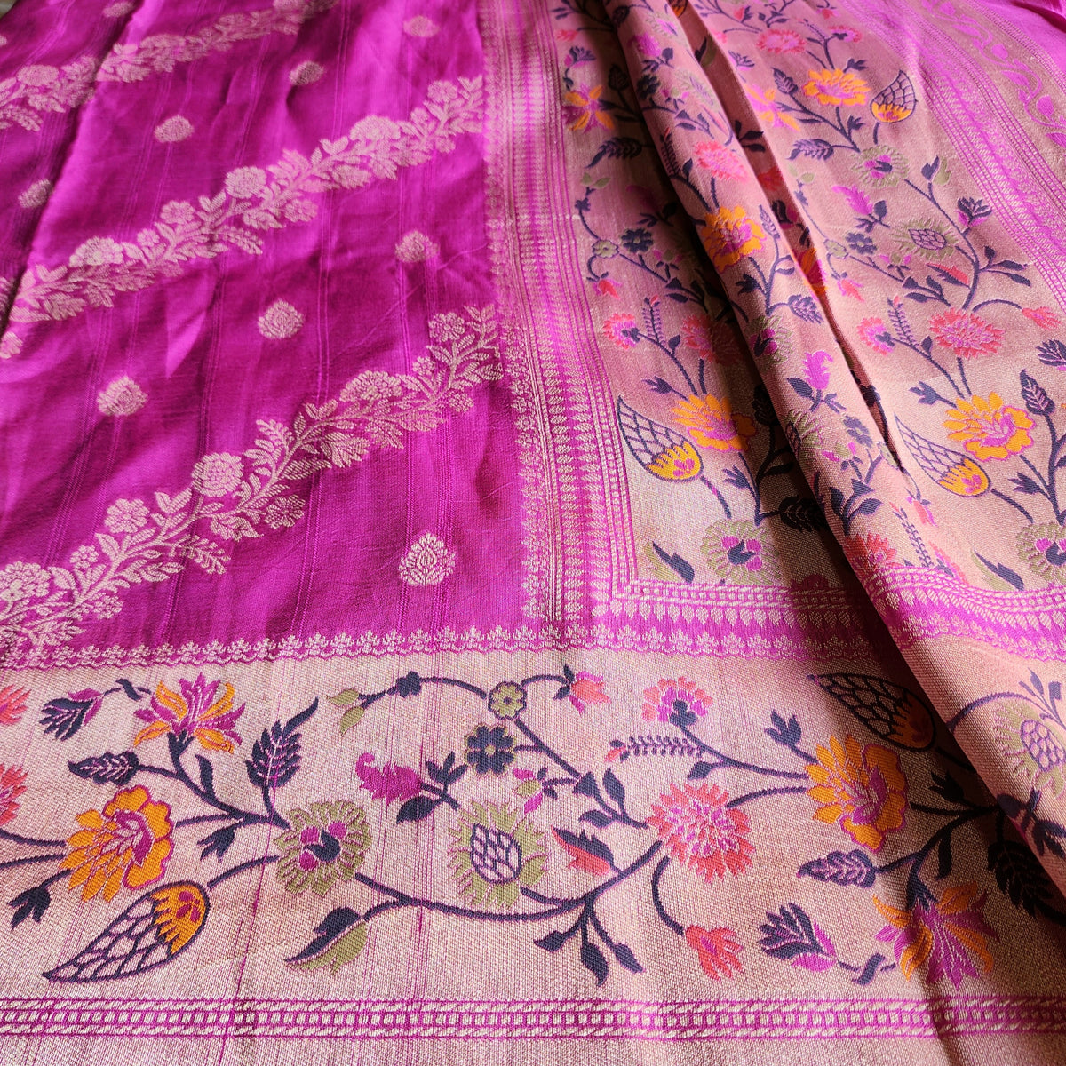 Soft Lavender Orchid Raw Silk Saree with Pastel Floral Weaving and Ivory Border