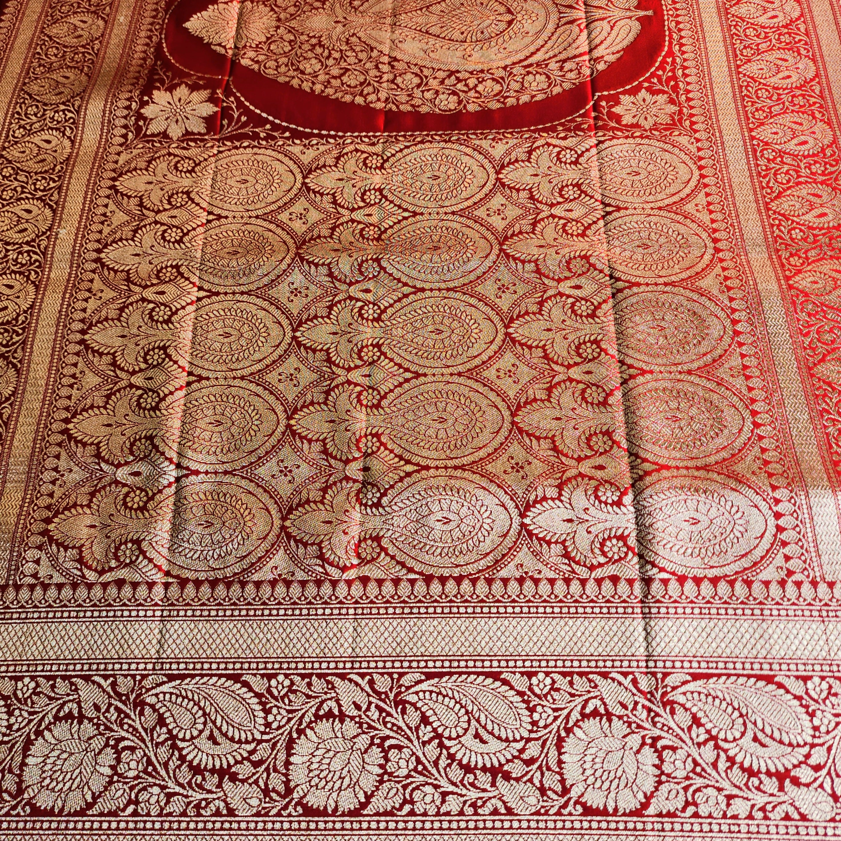 Rich Ruby Red Pure Banarasi Katan Silk Saree with light Gold Zari Weaving