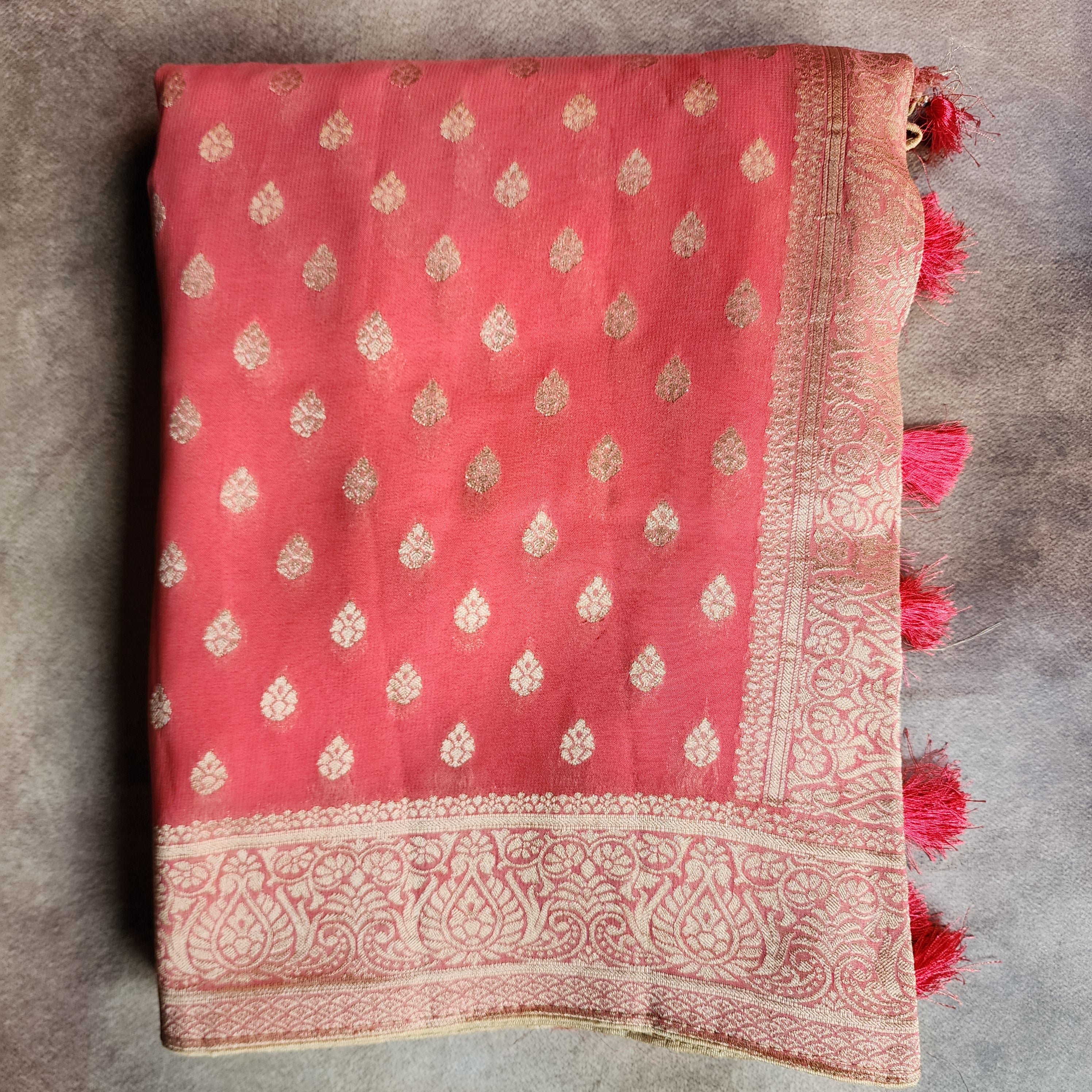 Peach Khaddi Georgette Pure Banarasi Saree with Golden Zari