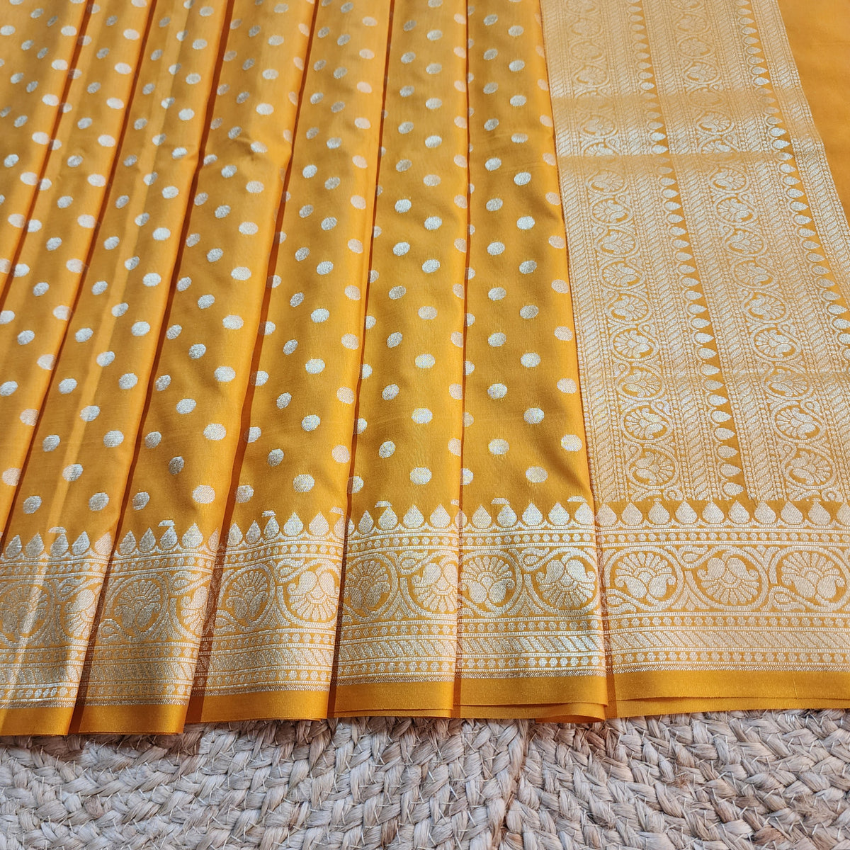 Mustard Yellow Banarasi Silk Dupatta with Gold Polka Dot
