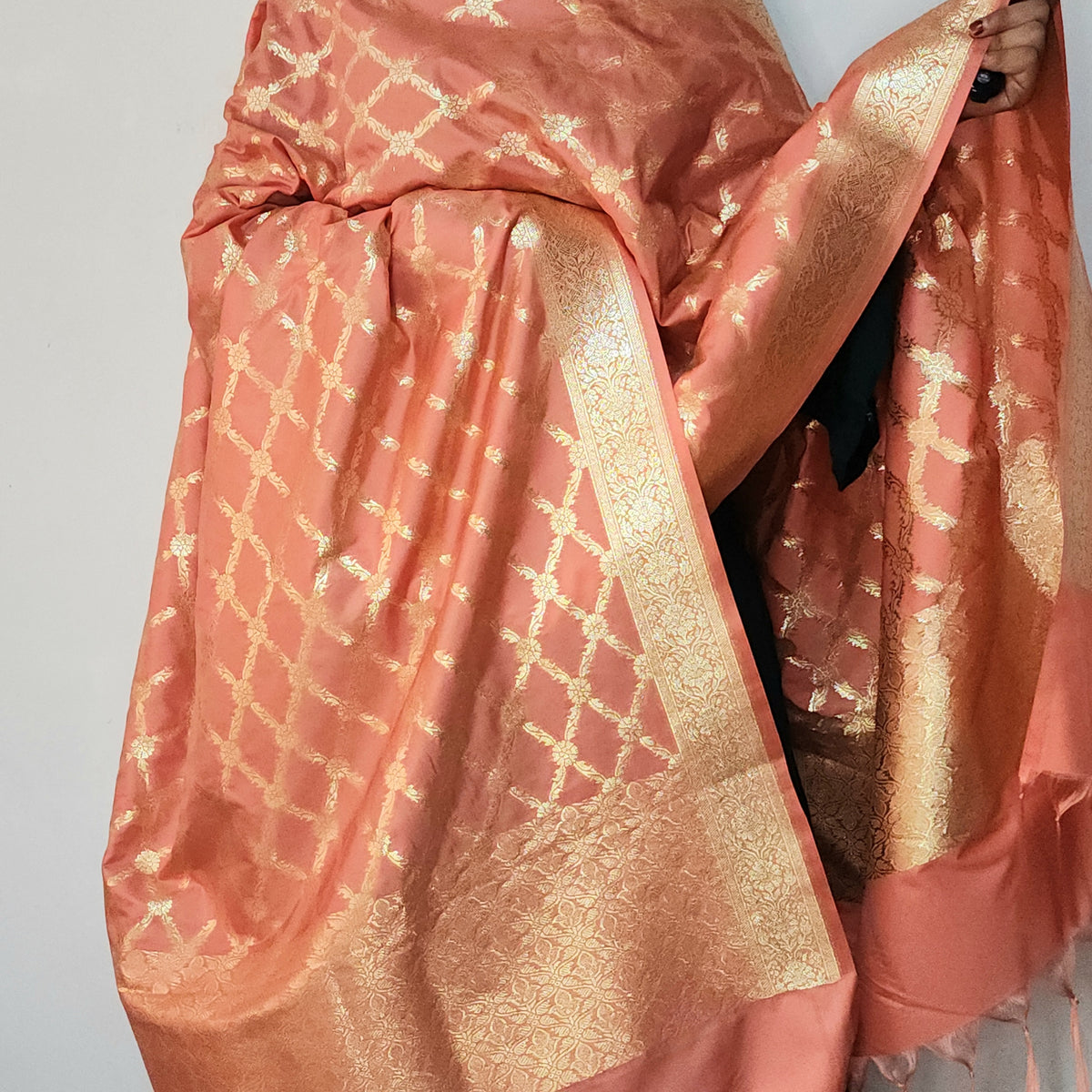 Banarasi Tapetta Silk - Peach Zari Jaal Dupatta