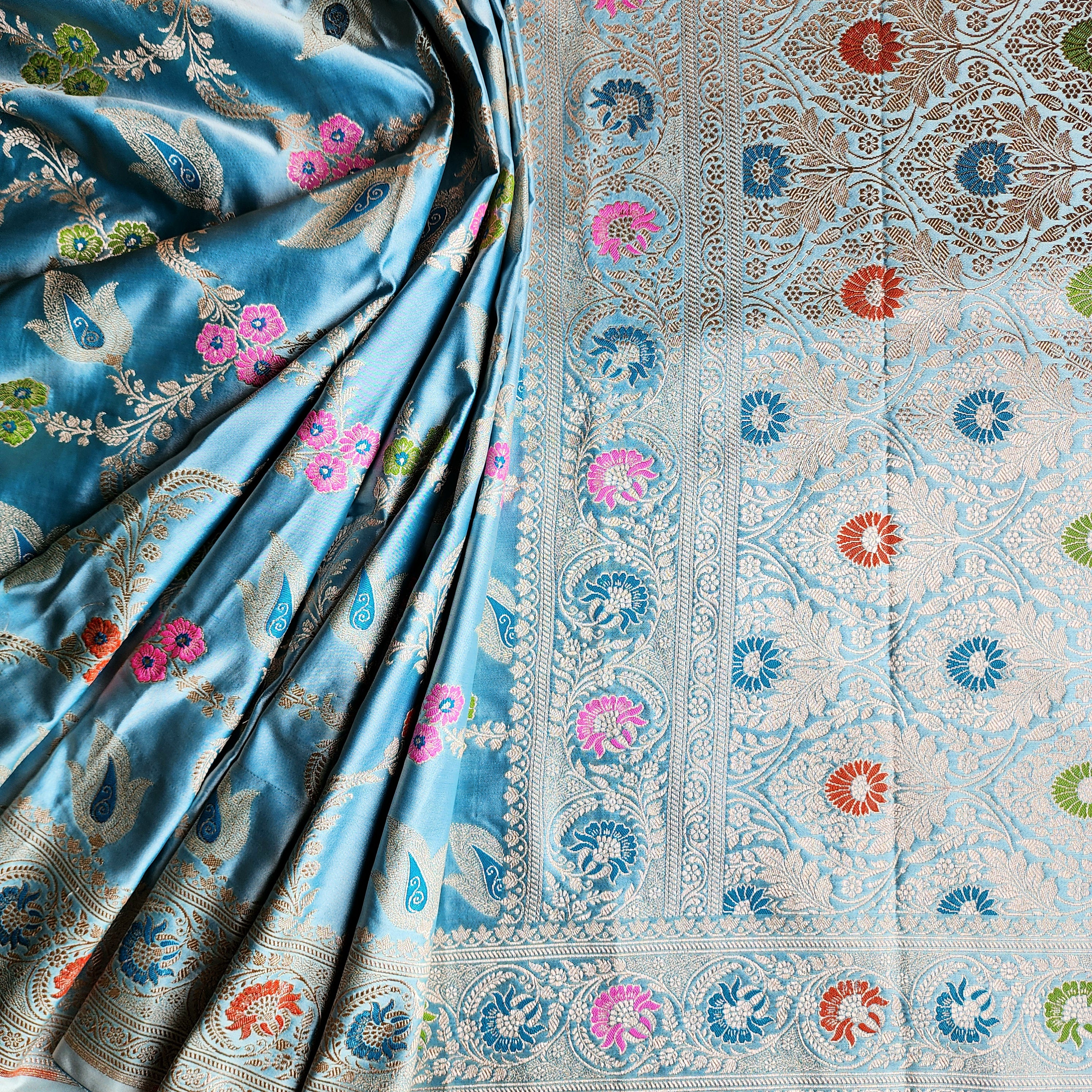 Enriched Powder Blue Banarasi Katan Silk Saree with Multicolor Meenakari Floral Jaal