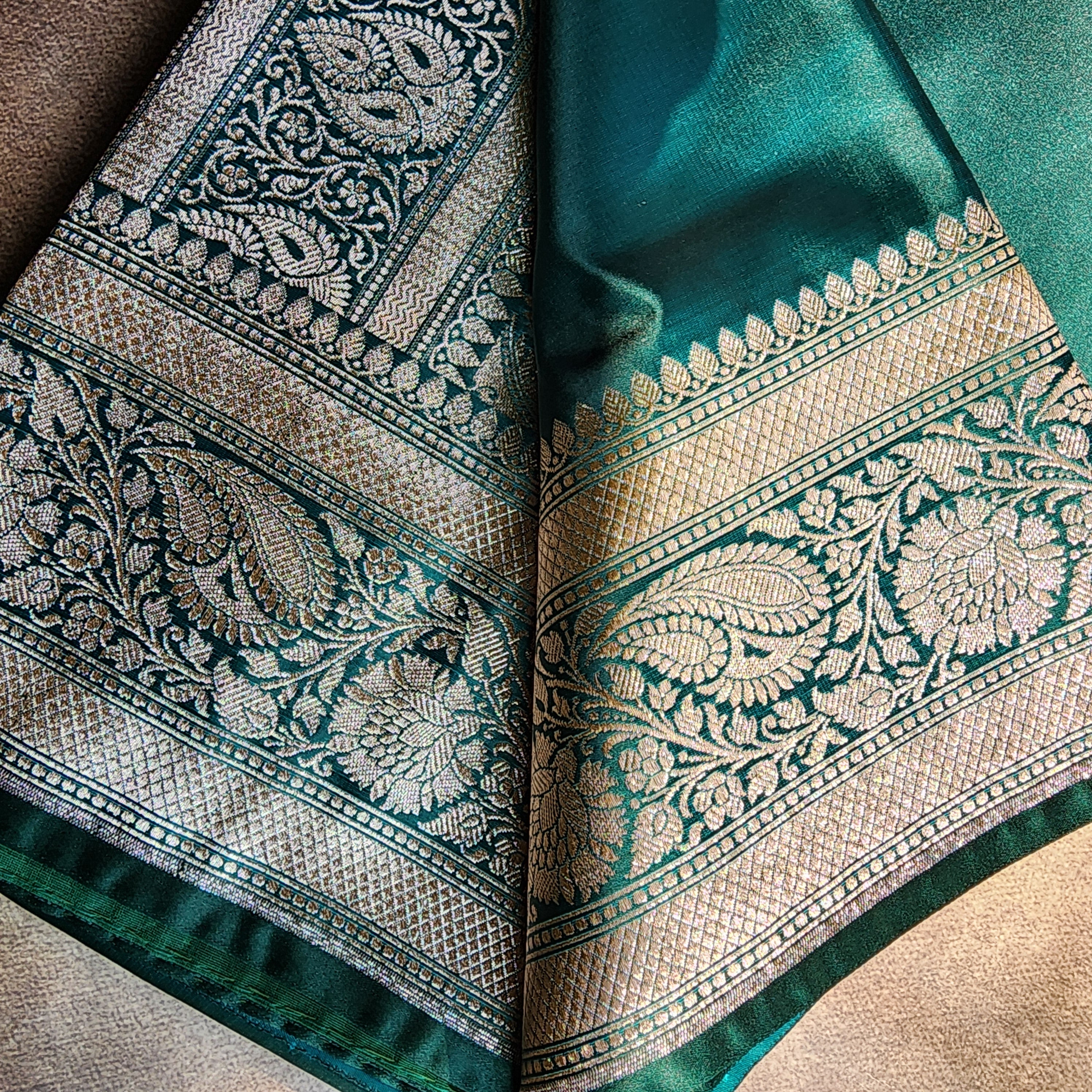 Dhoop Chhaon Teal Green Banarasi Katan Silk Saree