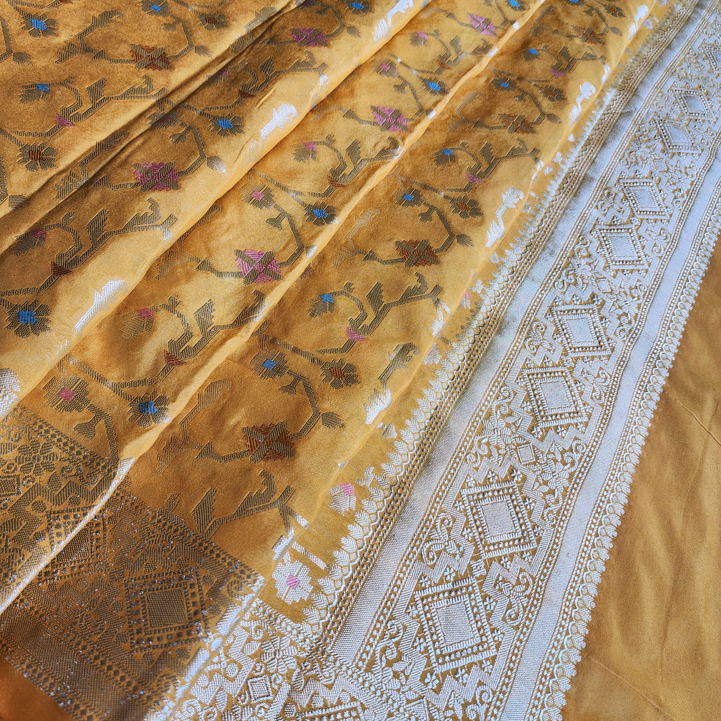 Golden Grid Banarasi Silk Dupatta with Meenakari Work in Mustard Yellow