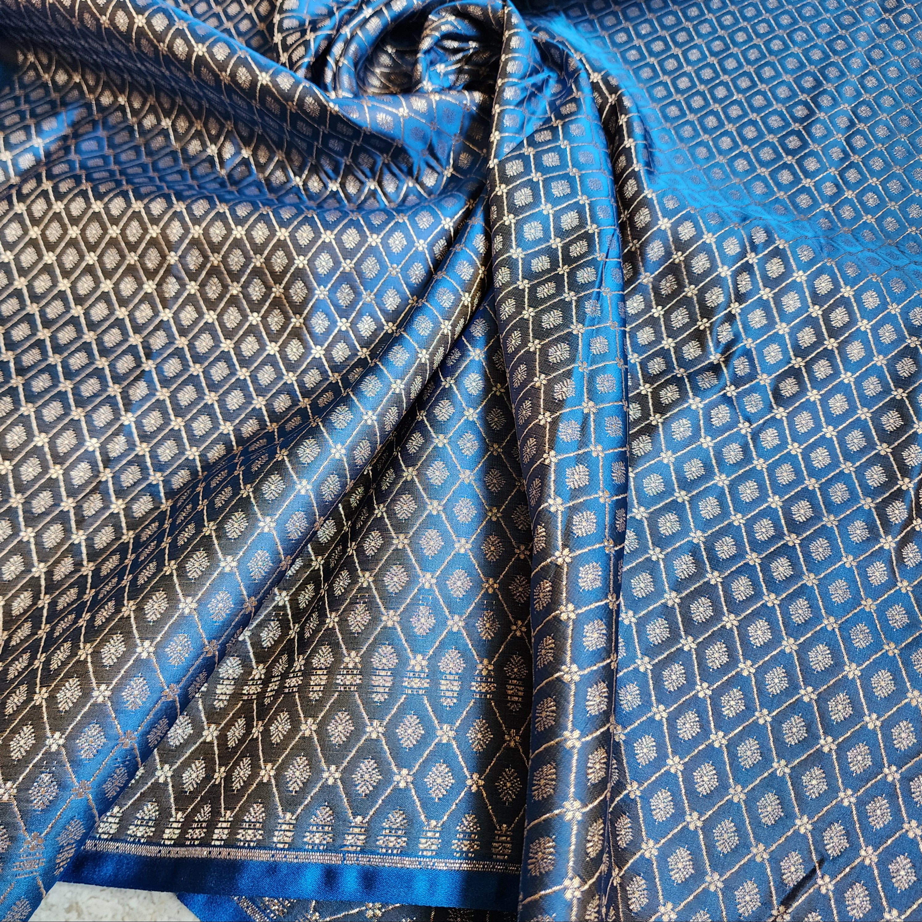 Champagne Beige Katan Silk Saree with Royal Blue and Gold Zari Border