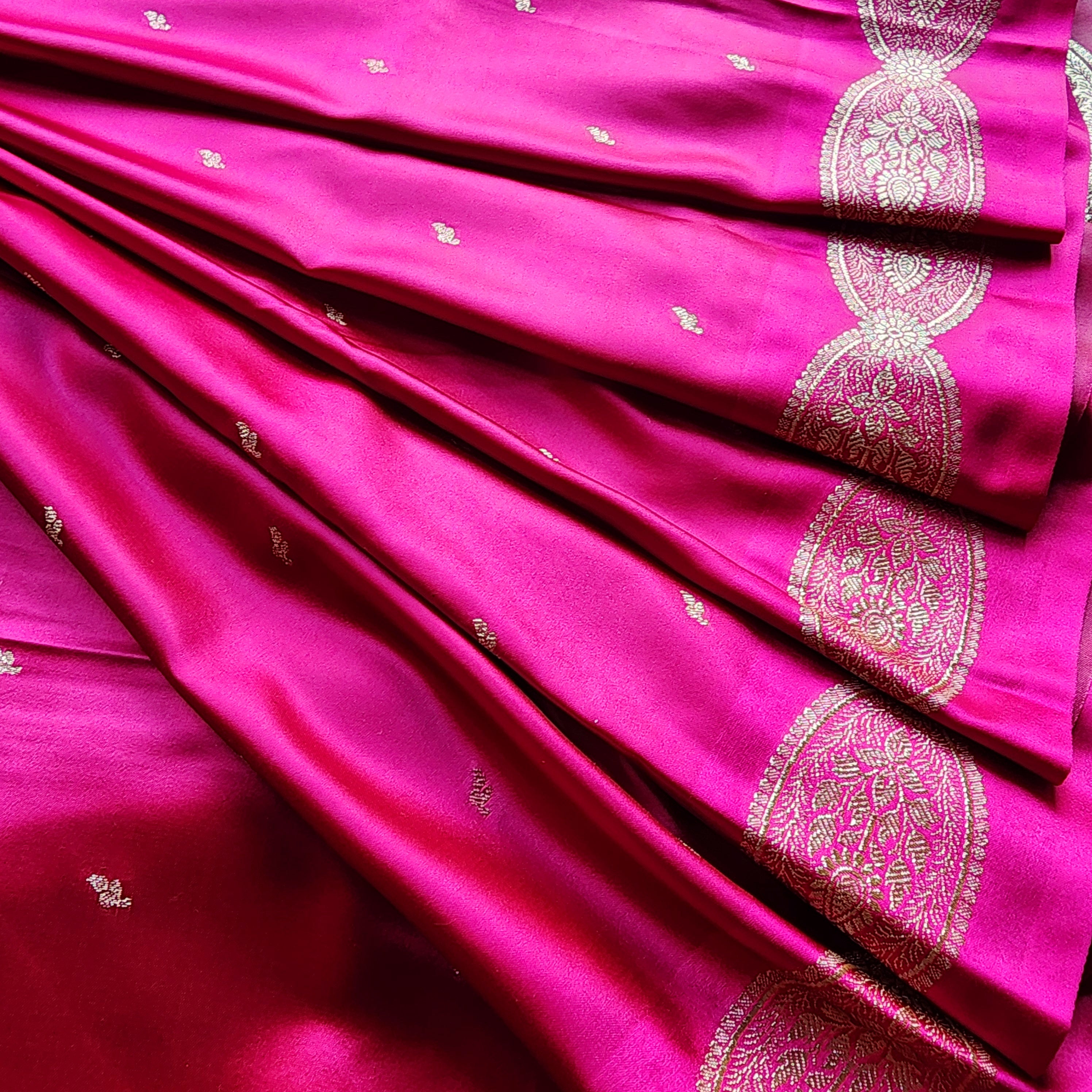 Bright Pink Pure Banarasi Katan Silk Saree with Gold Zari Weaving