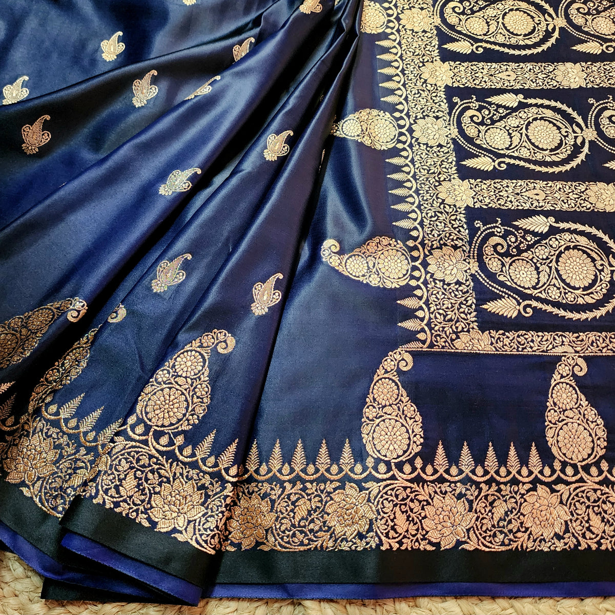 Navy Blue Paisley Katan Silk Saree with Gold Zari