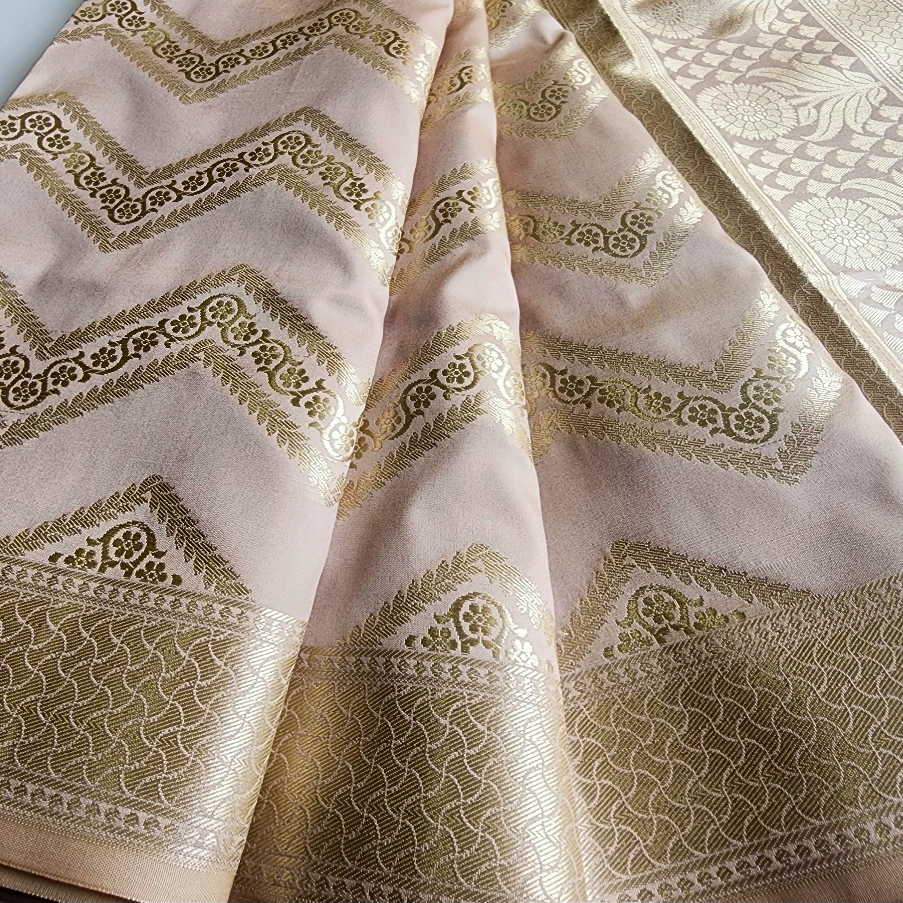 Light Mushroom Banarasi Dupatta with Golden Zigzag Pattern