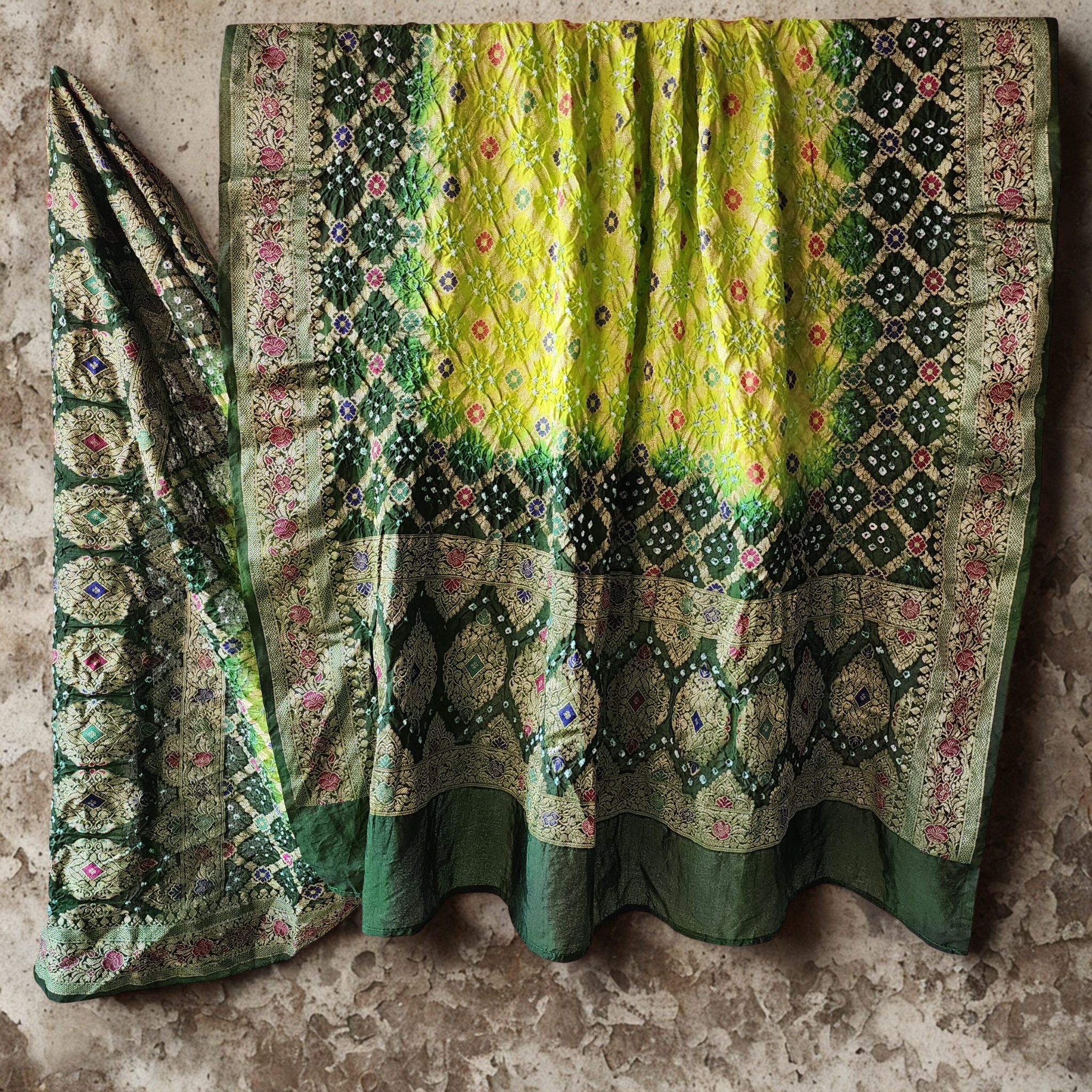 Dual-Tone Green Bandhni Dupatta with Golden Border & Banarasi Meenakari Work