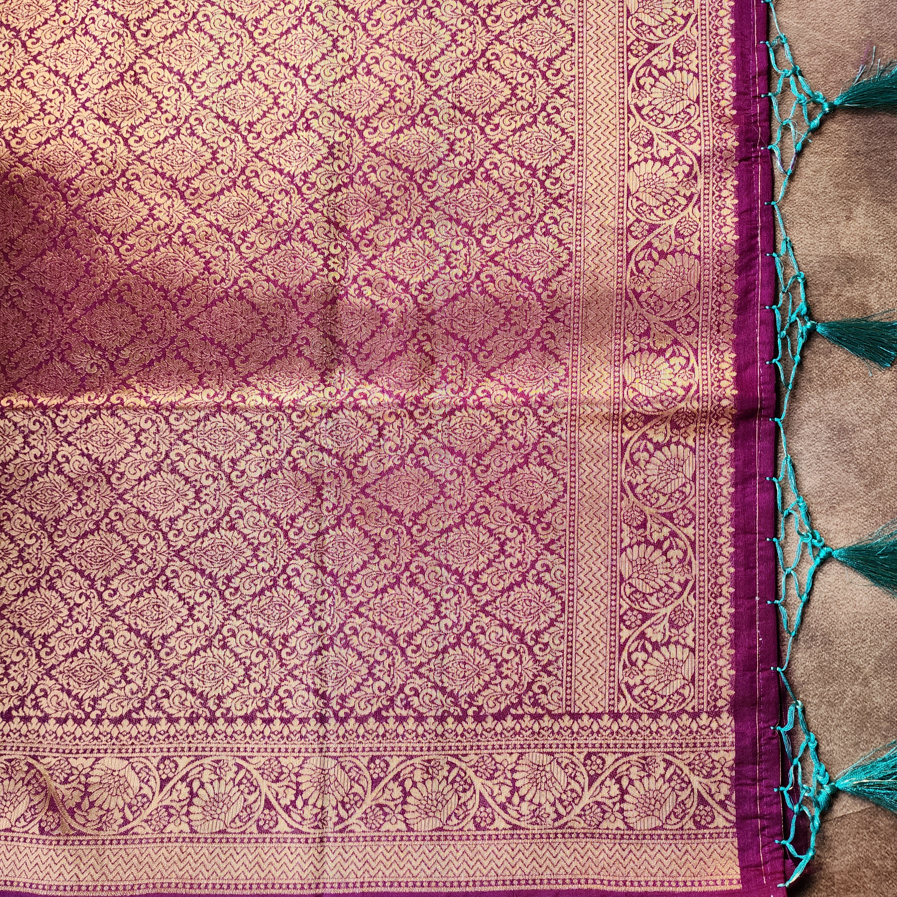 Turquoise Dupion Patola with Maroon-Gold Border & Heavy Gold Zari