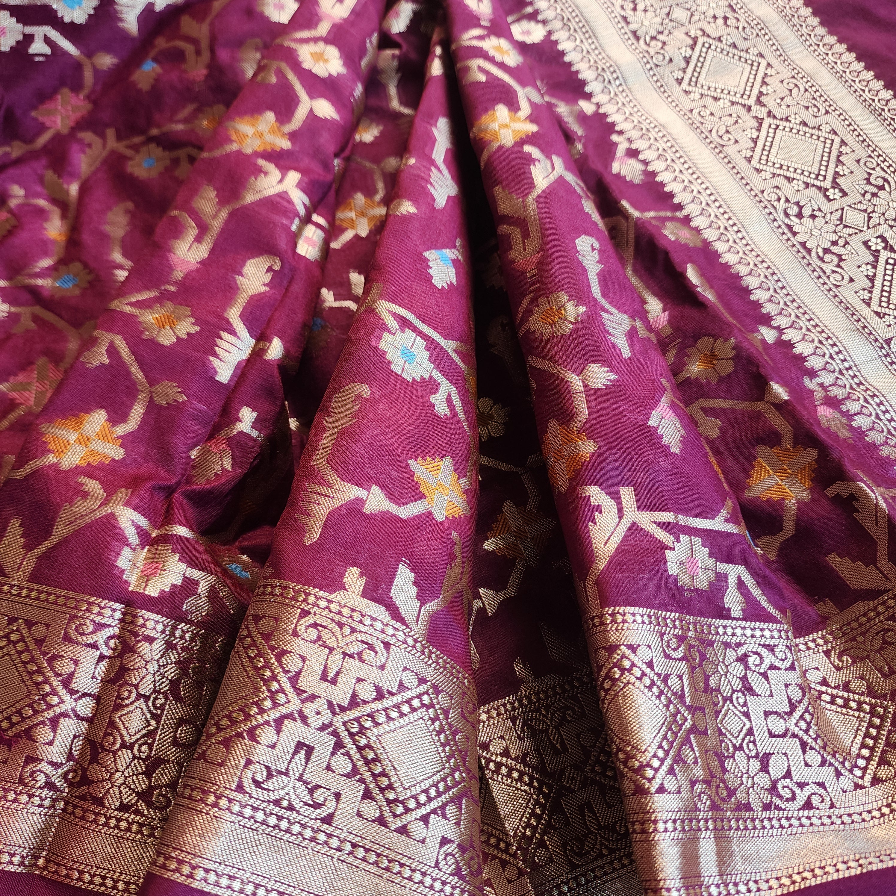 Golden Grid Banarasi Silk Dupatta with Meenakari Work in Deep Purple
