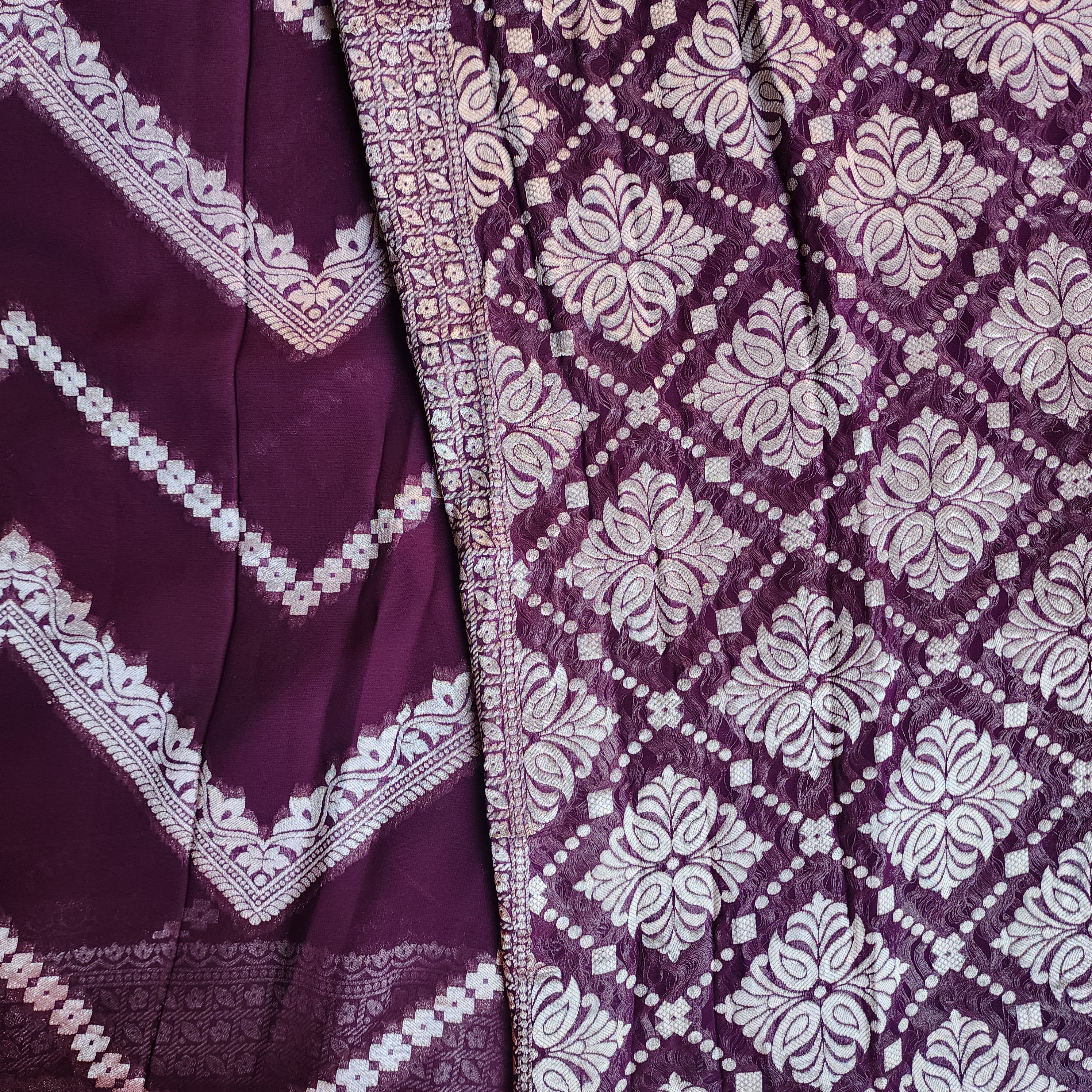 Dark Purple Khaddi Georgette Pure Banarasi Saree with Silver Zari