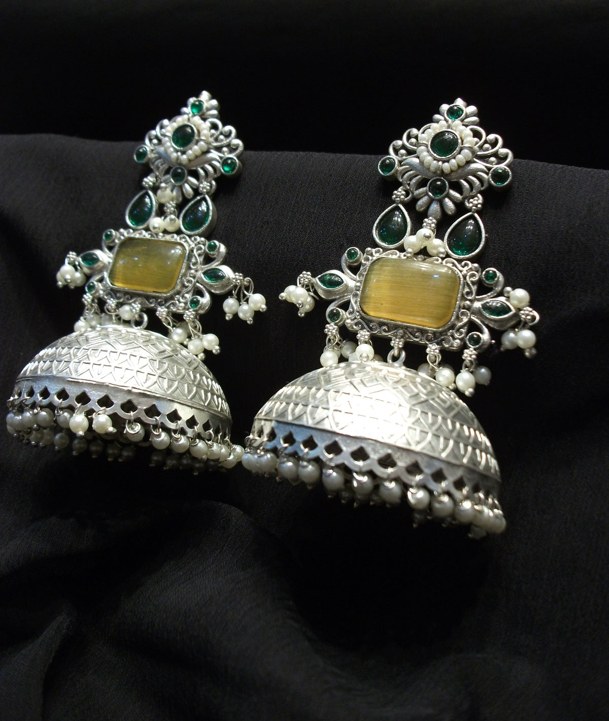 Antique Rectangular Yellow Cabochon Jhumka Earrings