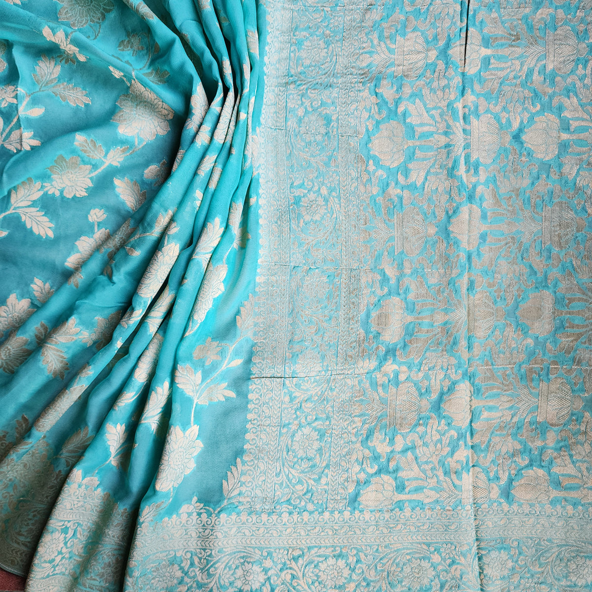 Khaddi Georgette Pure Banarasi Saree in Turquoise