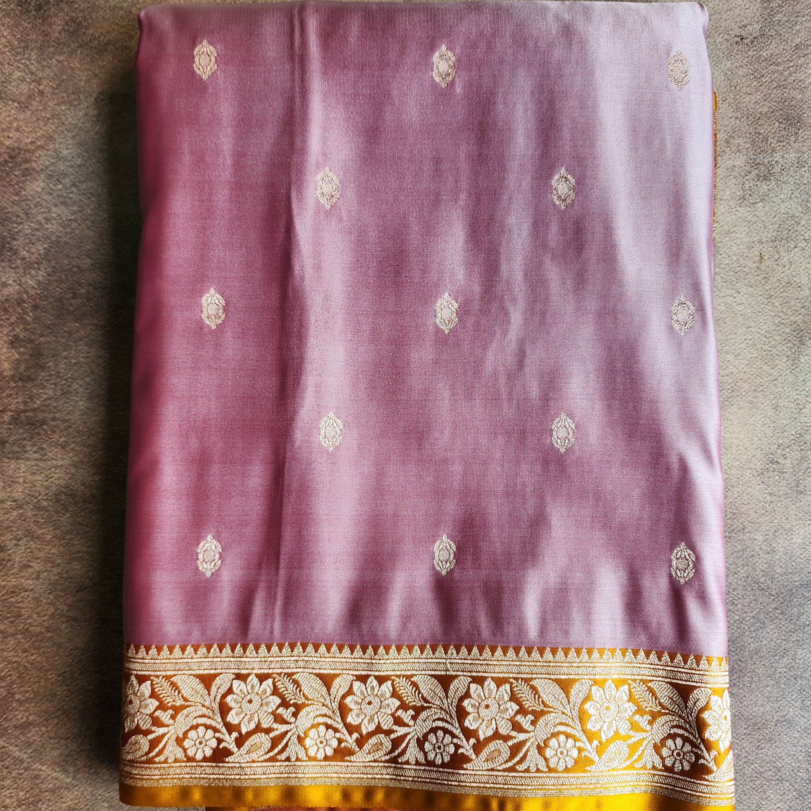 Dusty Rose Pink Katan Silk Saree with Mustard and Gold Zari Border