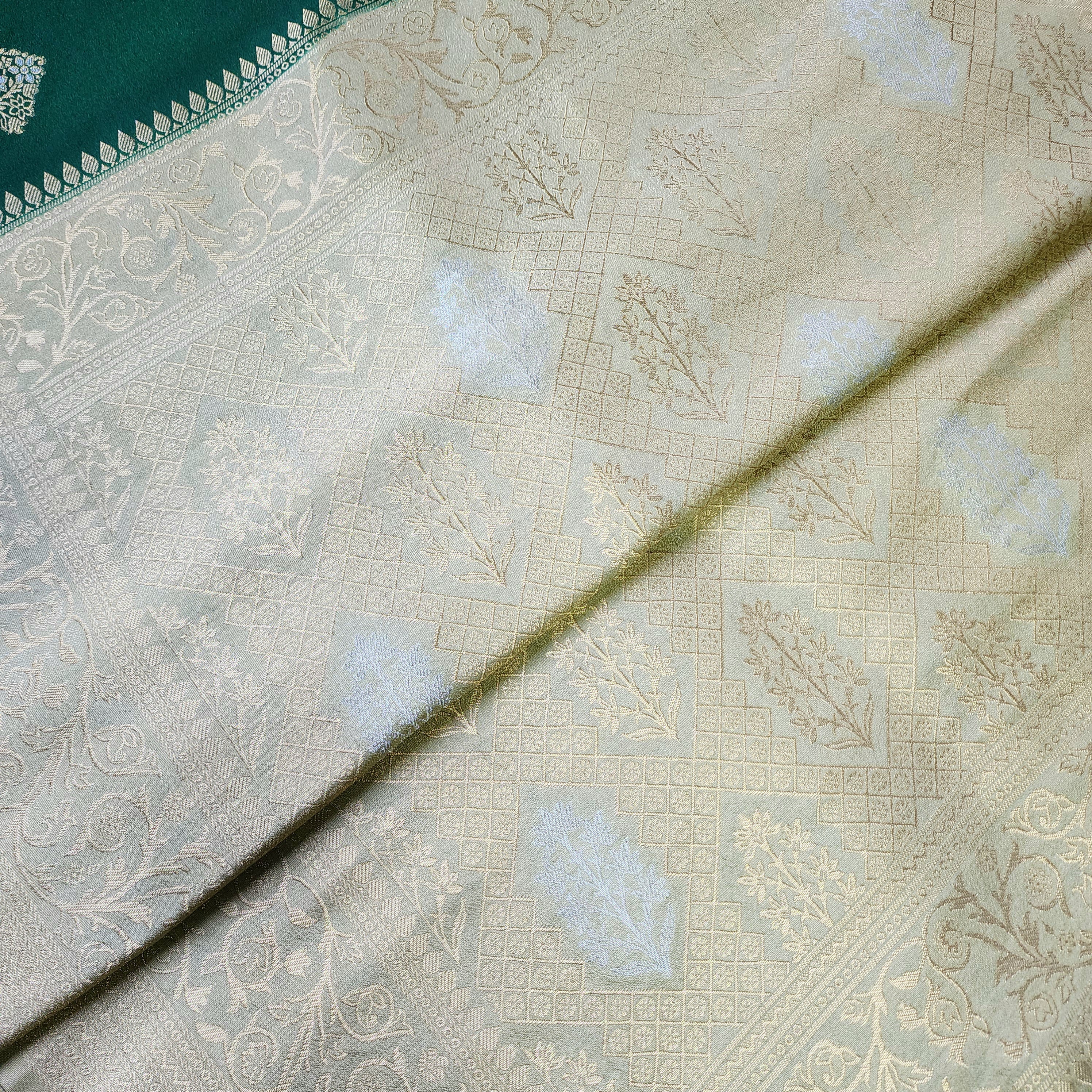 Bottle Green Crepe Georgette Silk Saree with Soft Champagne Gold Zari Border