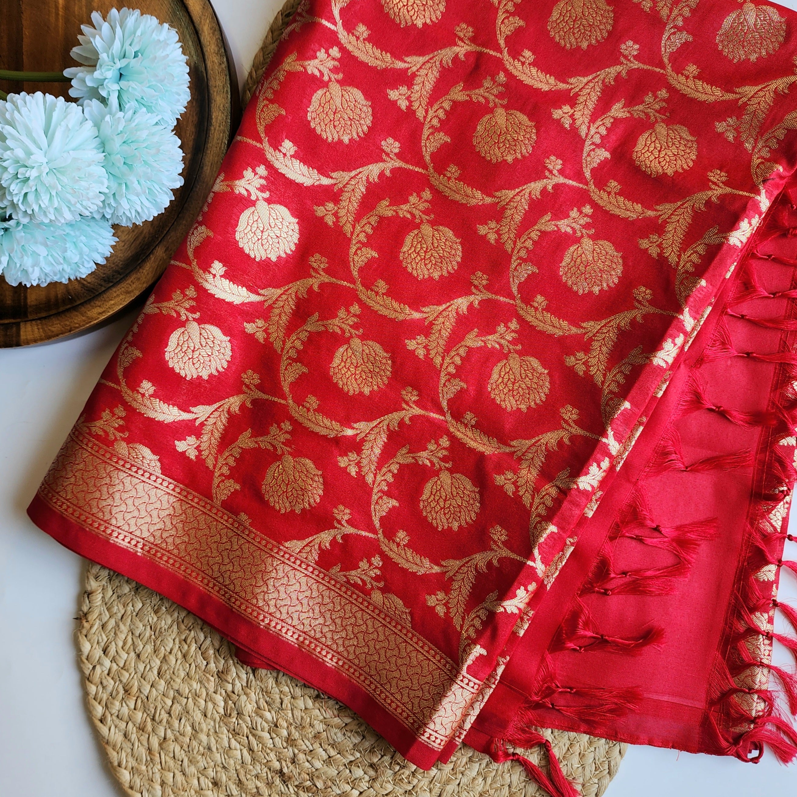Red Banarasi Dupatta - Zari Blossom Motifs