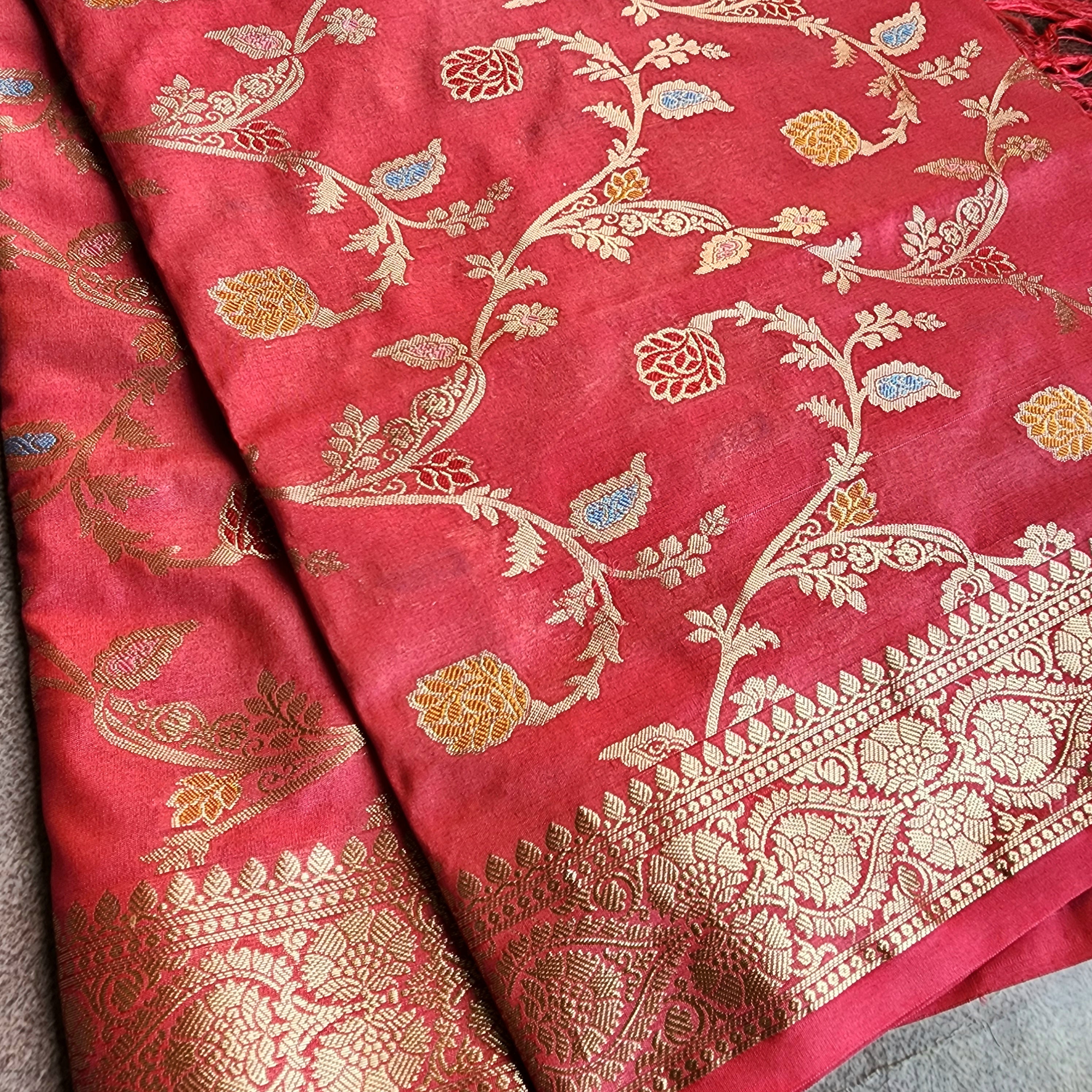 Rani Pink Banarasi Silk Dupatta with Gold Zari Border & Multicolor Meenakari Work