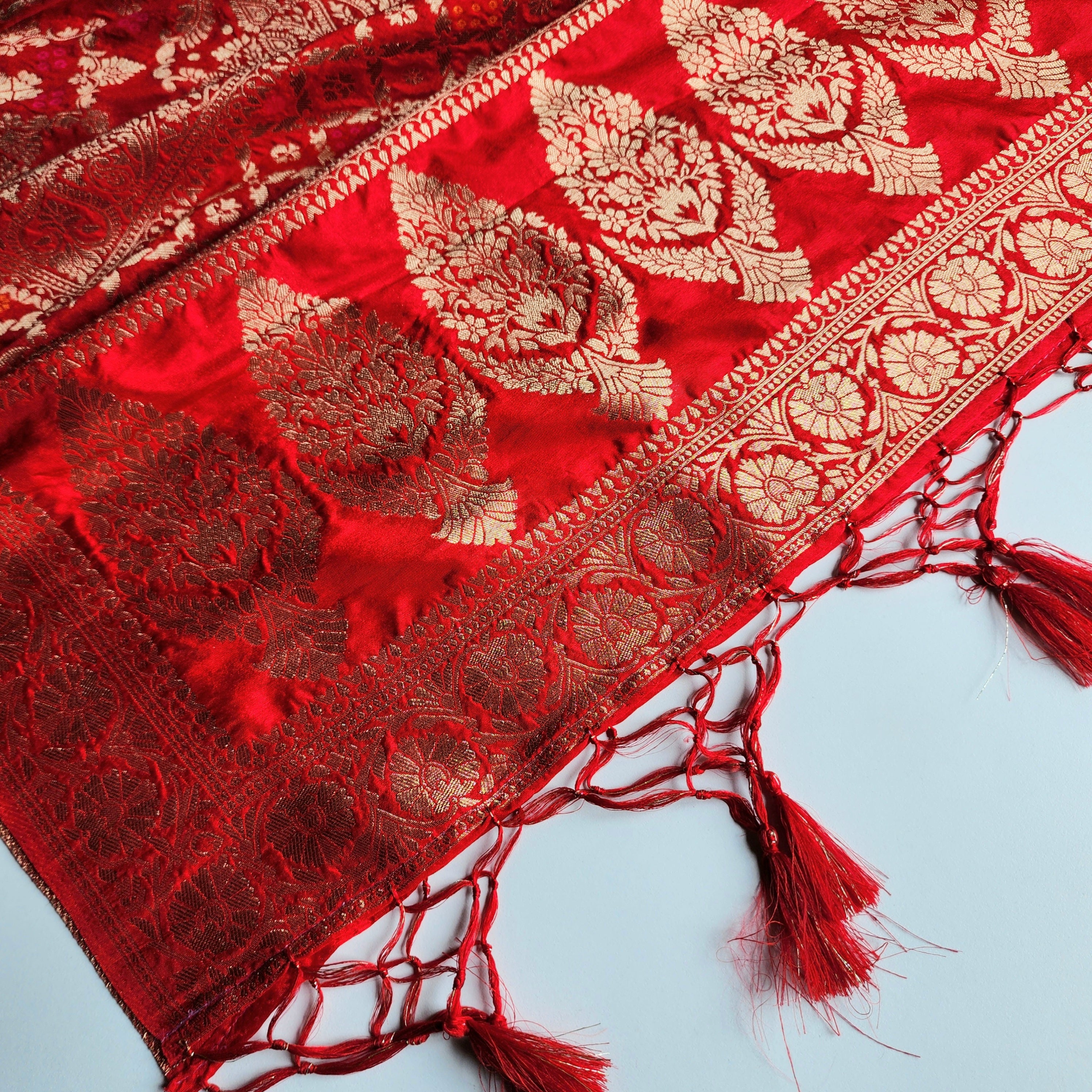 Deep Ruby Red Bandhani Dupatta with Floral and Geometric Zari Weave