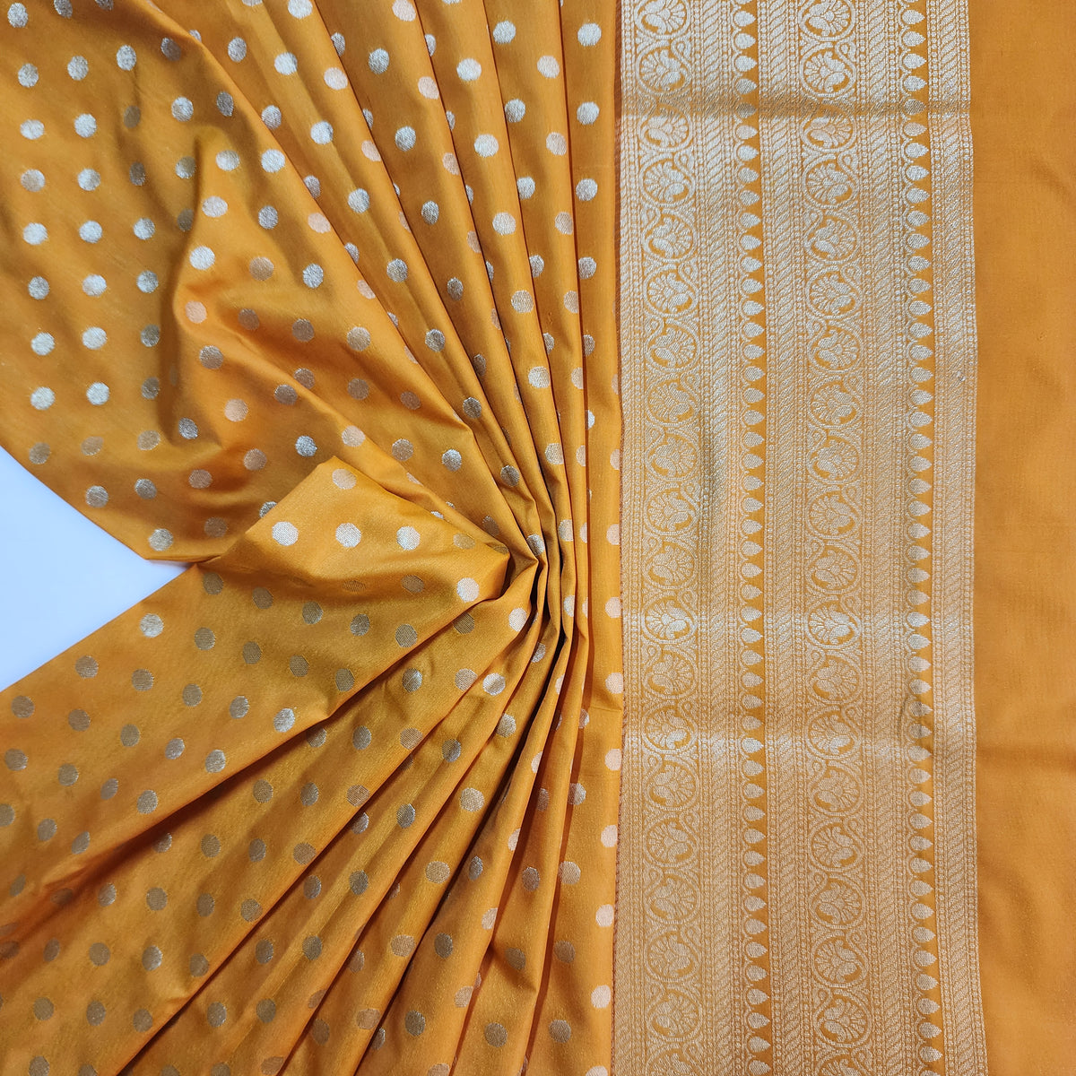 Mustard Yellow Banarasi Silk Dupatta with Gold Polka Dot