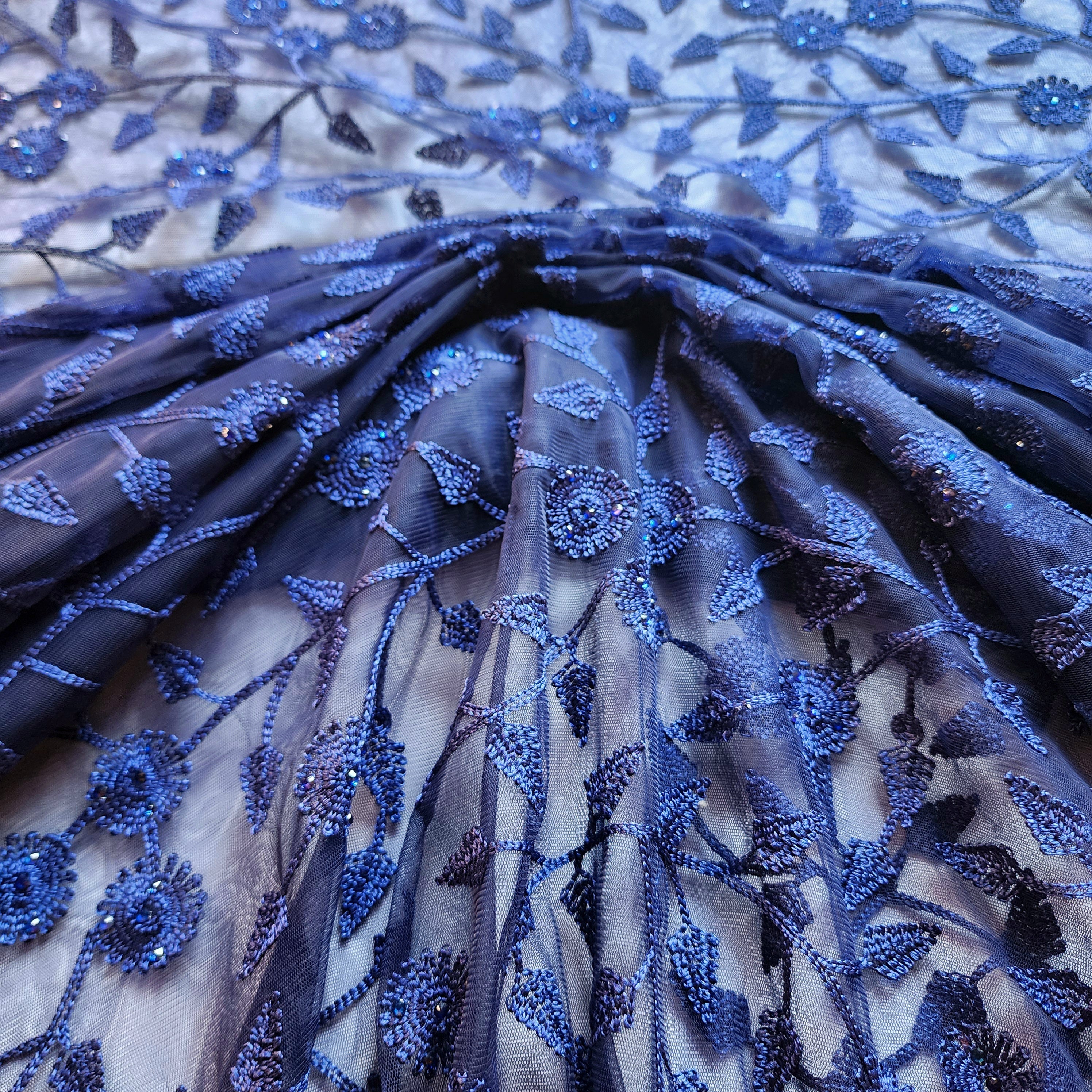 Embroidered Net Designer Saree in Dark Blue