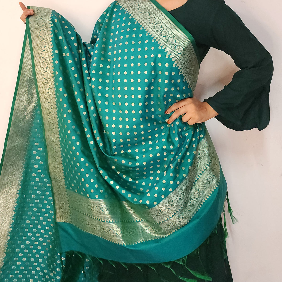 Teal Green Banarasi Silk Dupatta with Gold Polka Dot