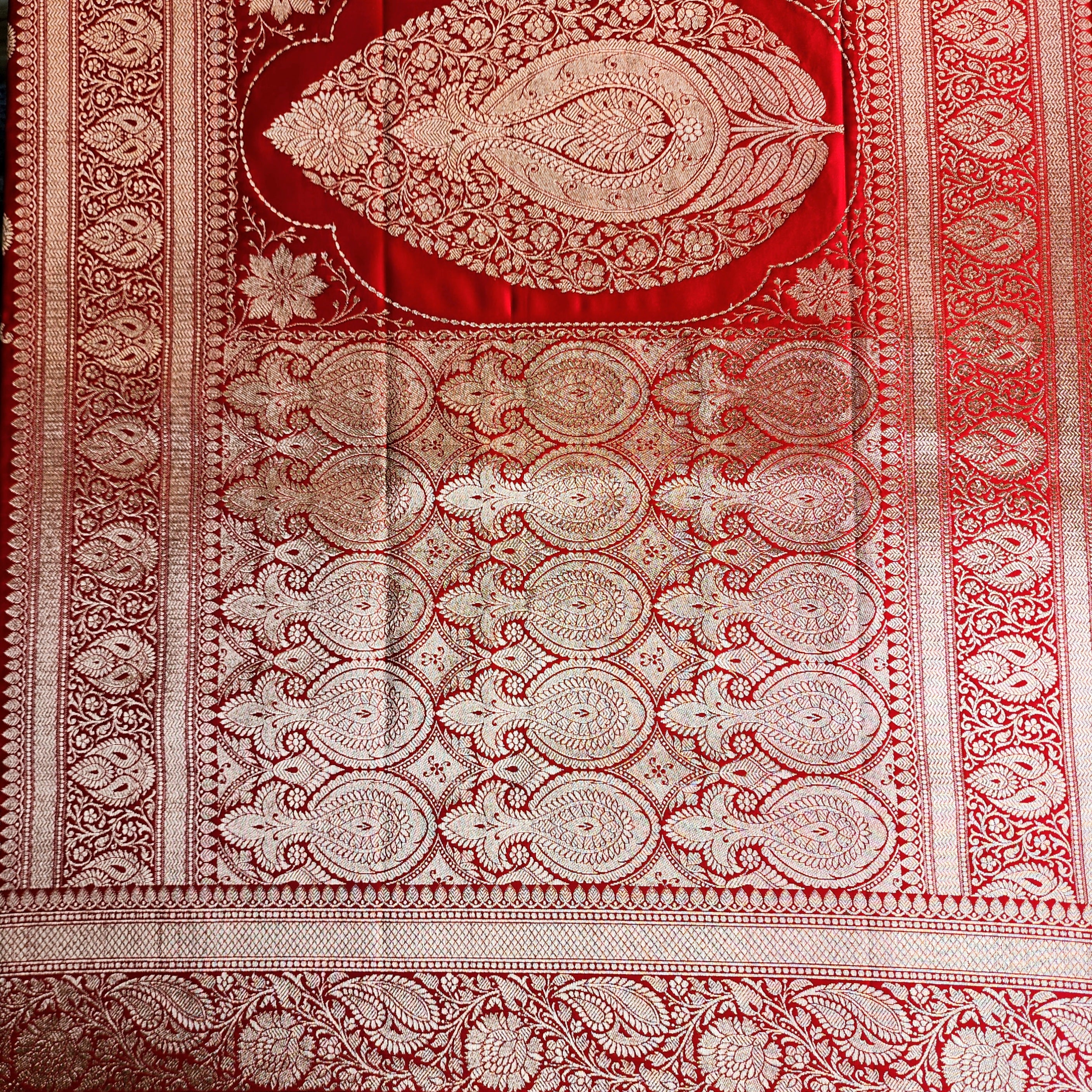 Rich Vermilion Red Pure Banarasi Katan Silk Saree with light Gold Zari Weaving