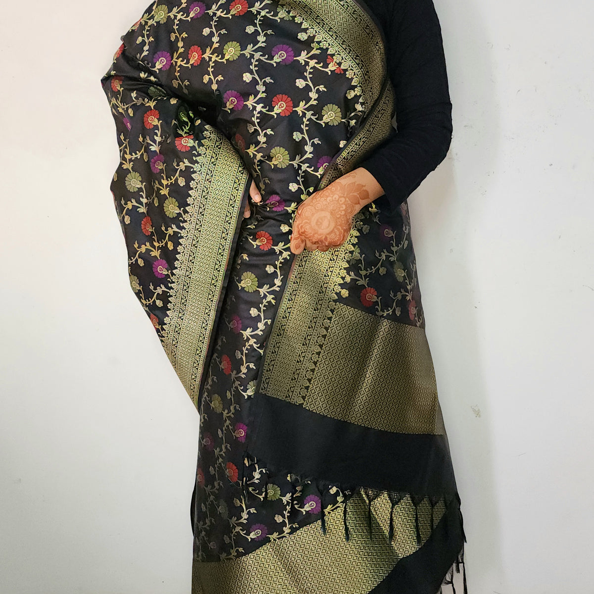 Banarasi Silk Floral Jaal Dupatta - Midnight