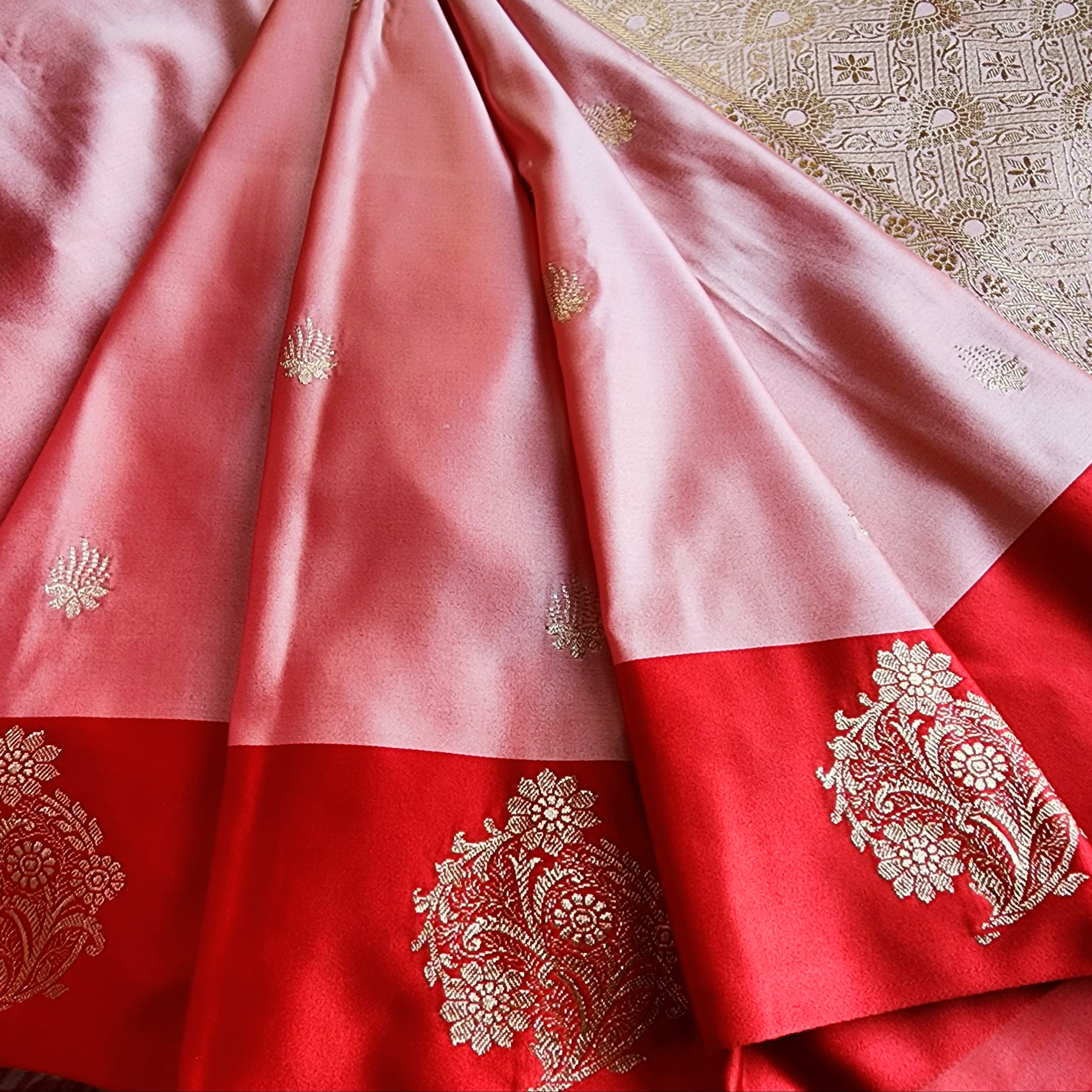 Blush Pink Katan Silk Saree with Red Gold Zari Border