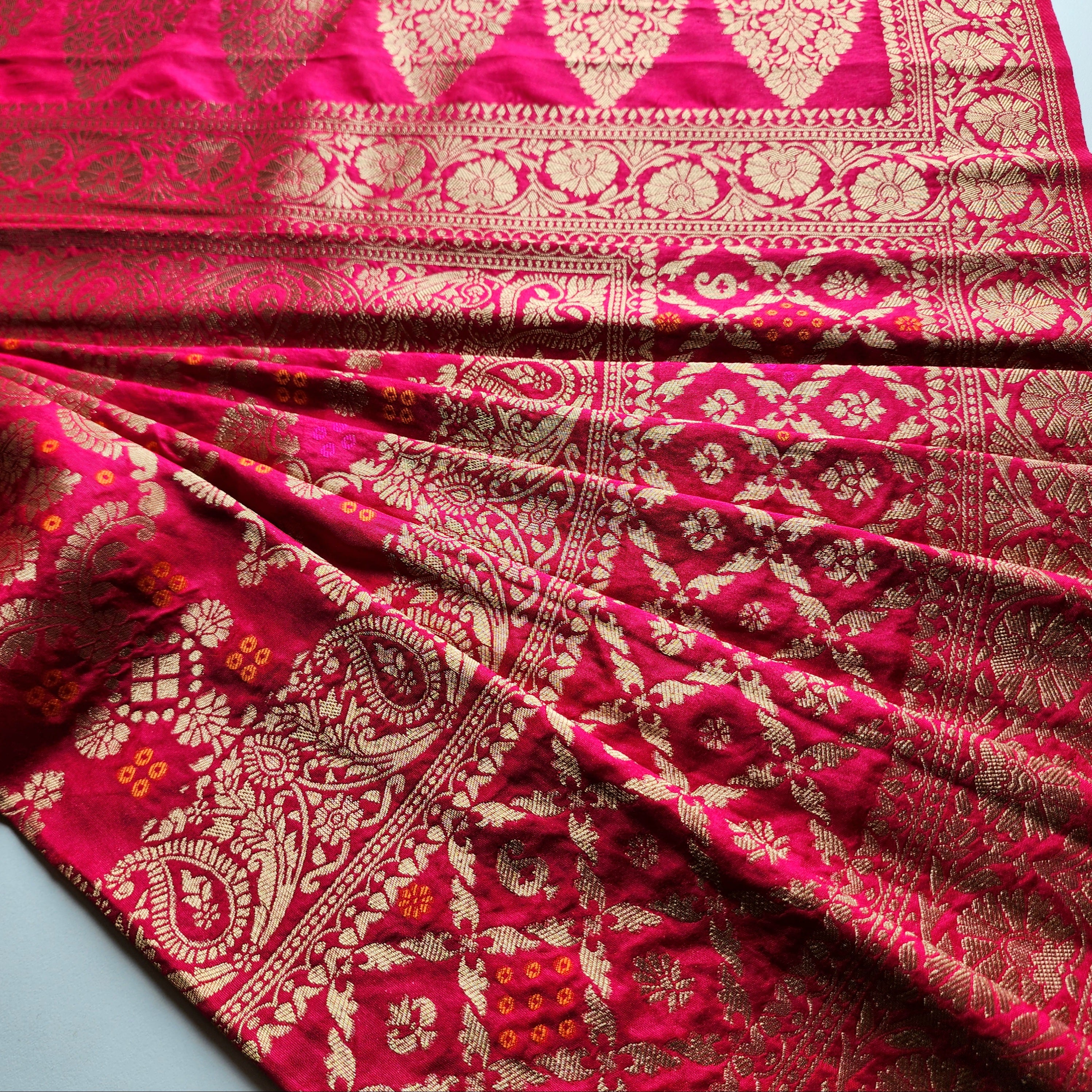 Wine Magenta Bandhani Dupatta with Floral and Geometric Zari Weave