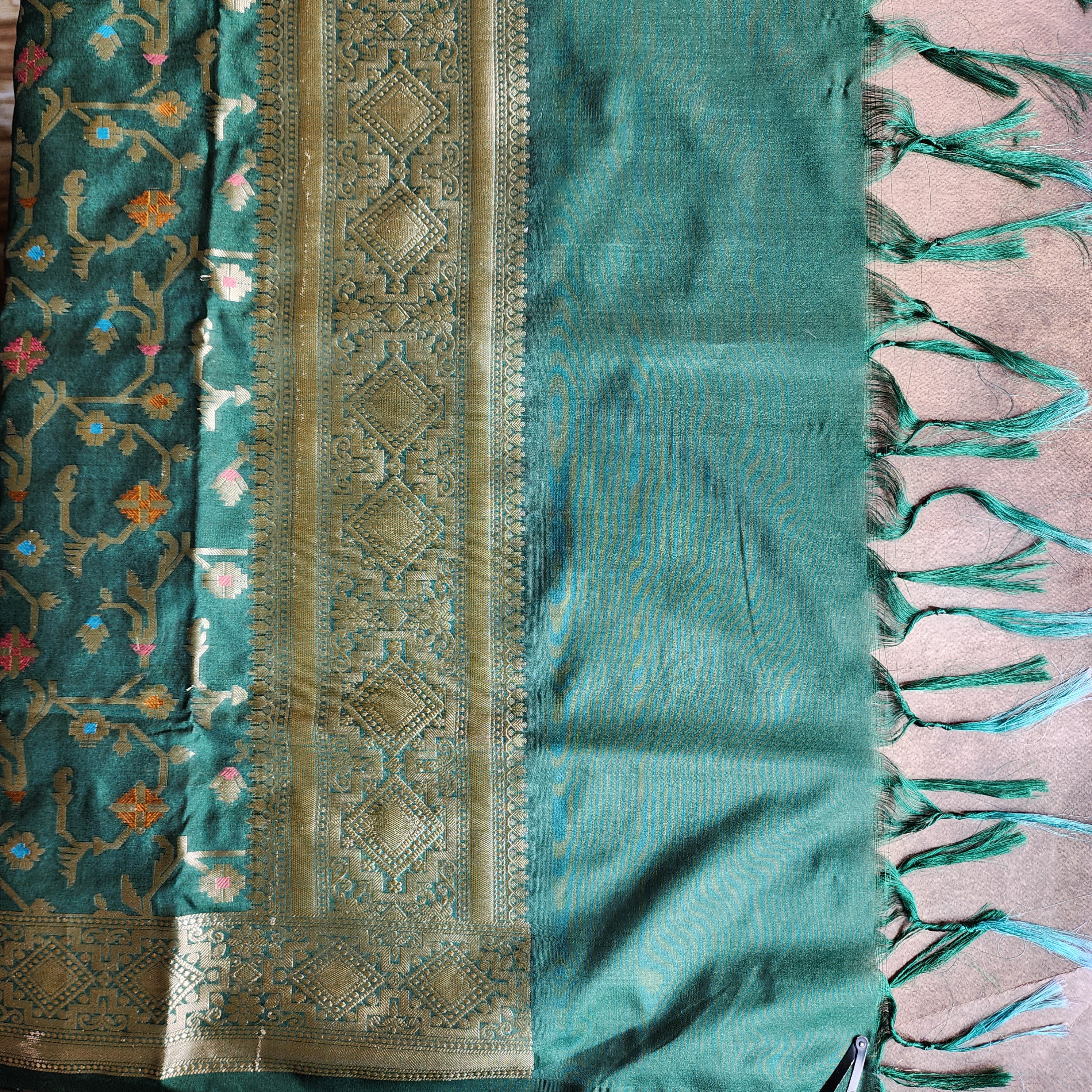 Golden Grid Banarasi Silk Dupatta with Meenakari Work in Dark Bottle Green