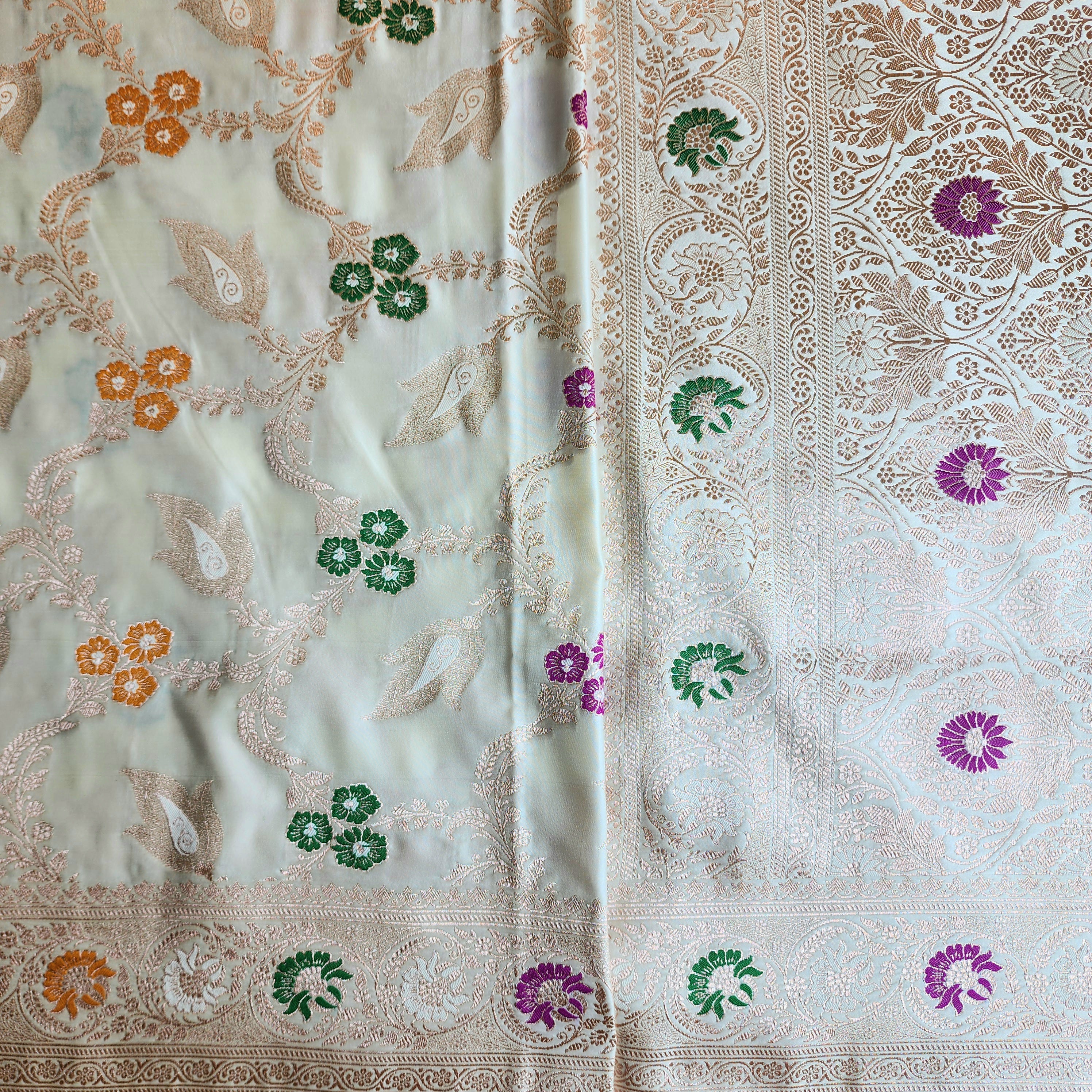 Enriched White Banarasi Katan Silk Saree with Multicolor Meenakari Floral Jaal