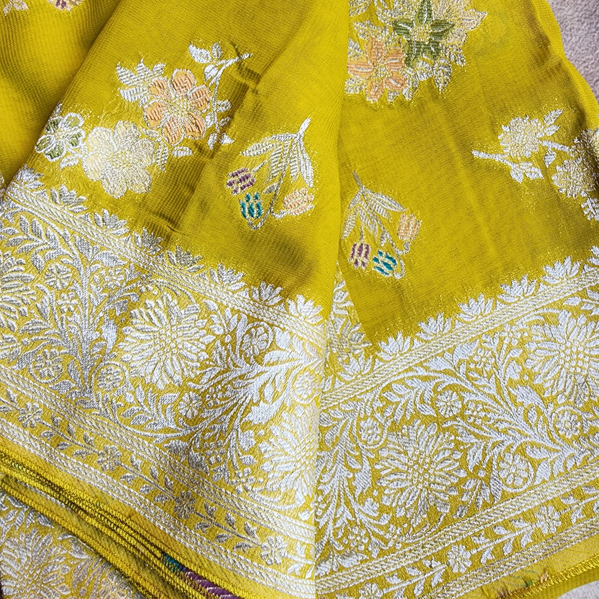 Yellowish Green Muslin Silk Saree with Floral Weave