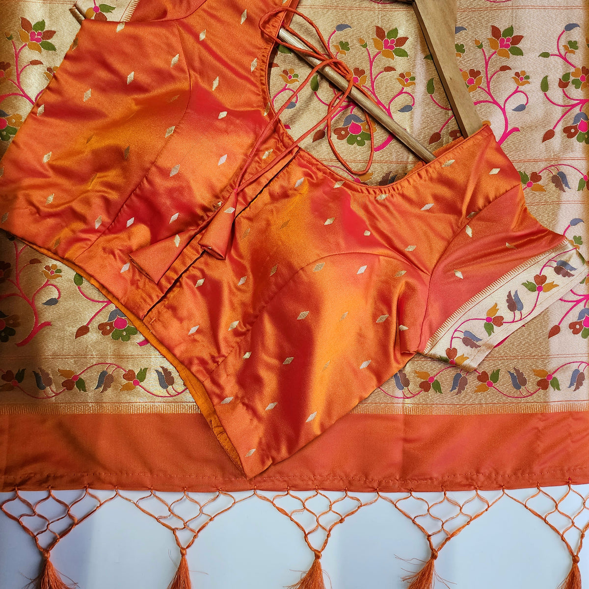 Raahi - Bright Orange Paithani Silk Saree with Stitched Blouse