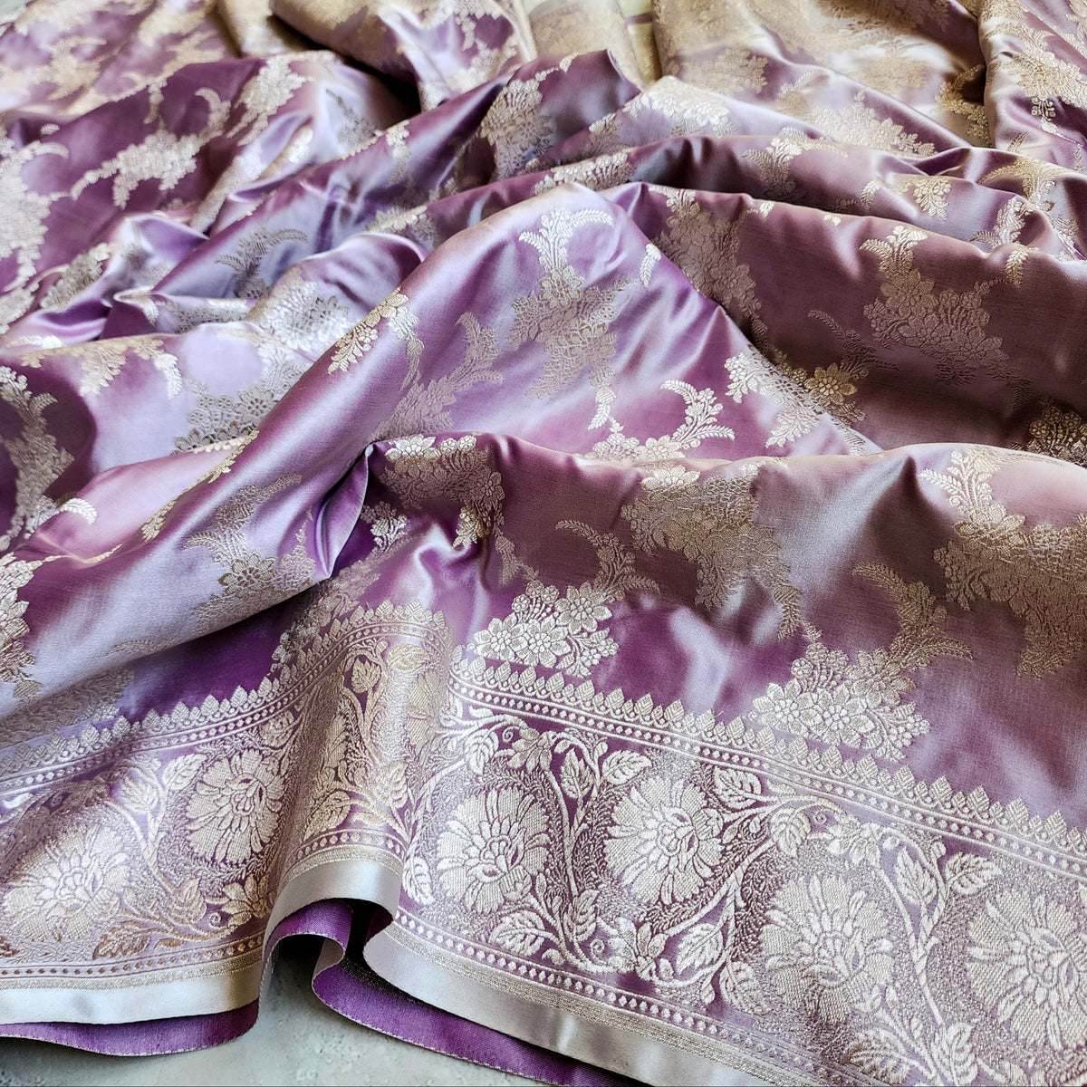 Dusty Lilac Banarasi Katan Silk Saree with Floral Vine Jaal