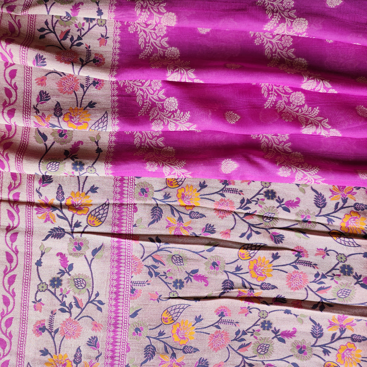 Soft Lavender Orchid Raw Silk Saree with Pastel Floral Weaving and Ivory Border