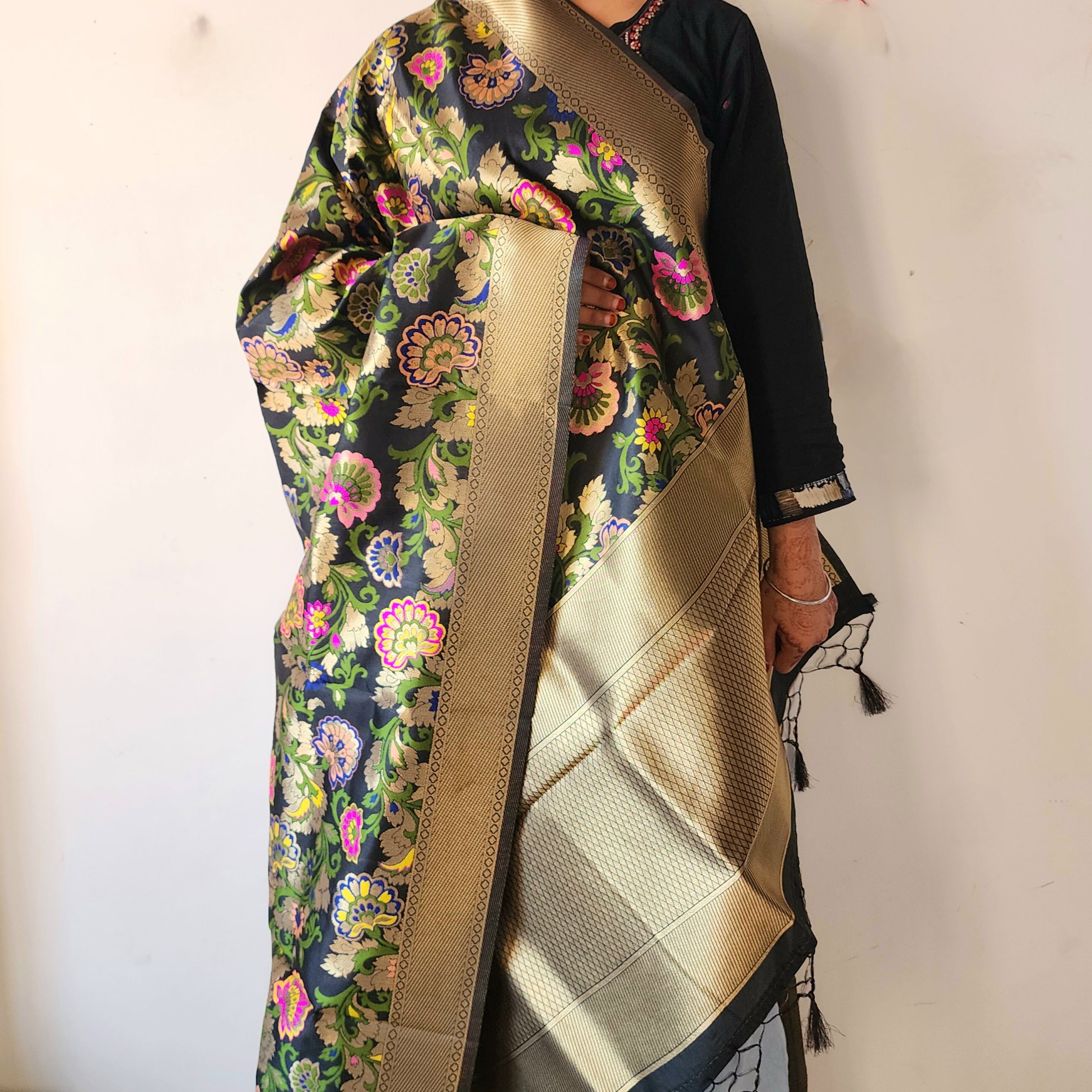 Banarasi Black Dupatta with Multicolor & Gold Floral Handweaving