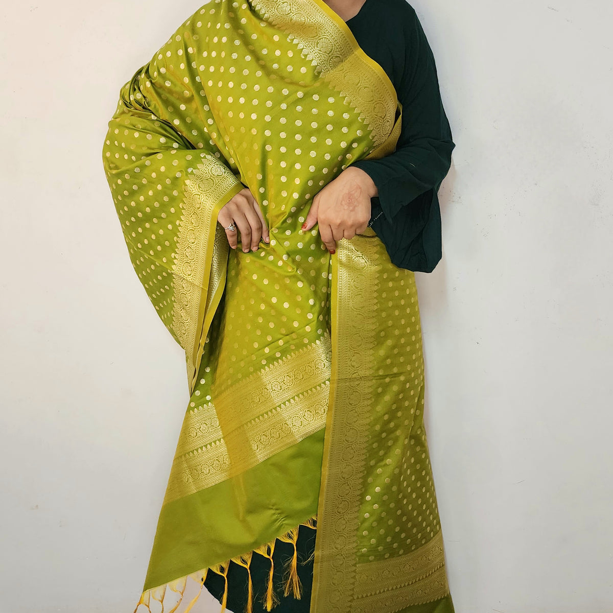 Olive Green Banarasi Silk Dupatta with Gold Polka Dot